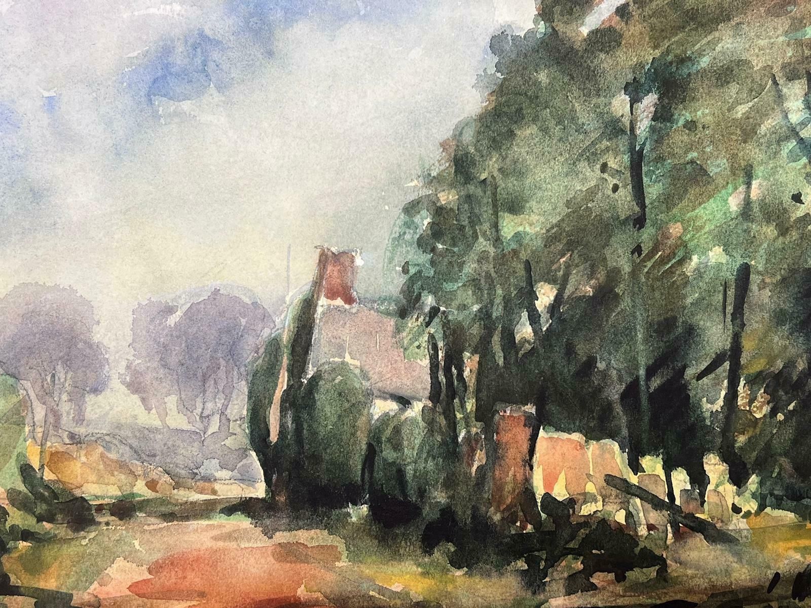 Maurice Mazeiliefrench Watercolour Landscape Village Town Path With Tall Green Trees photo for sale