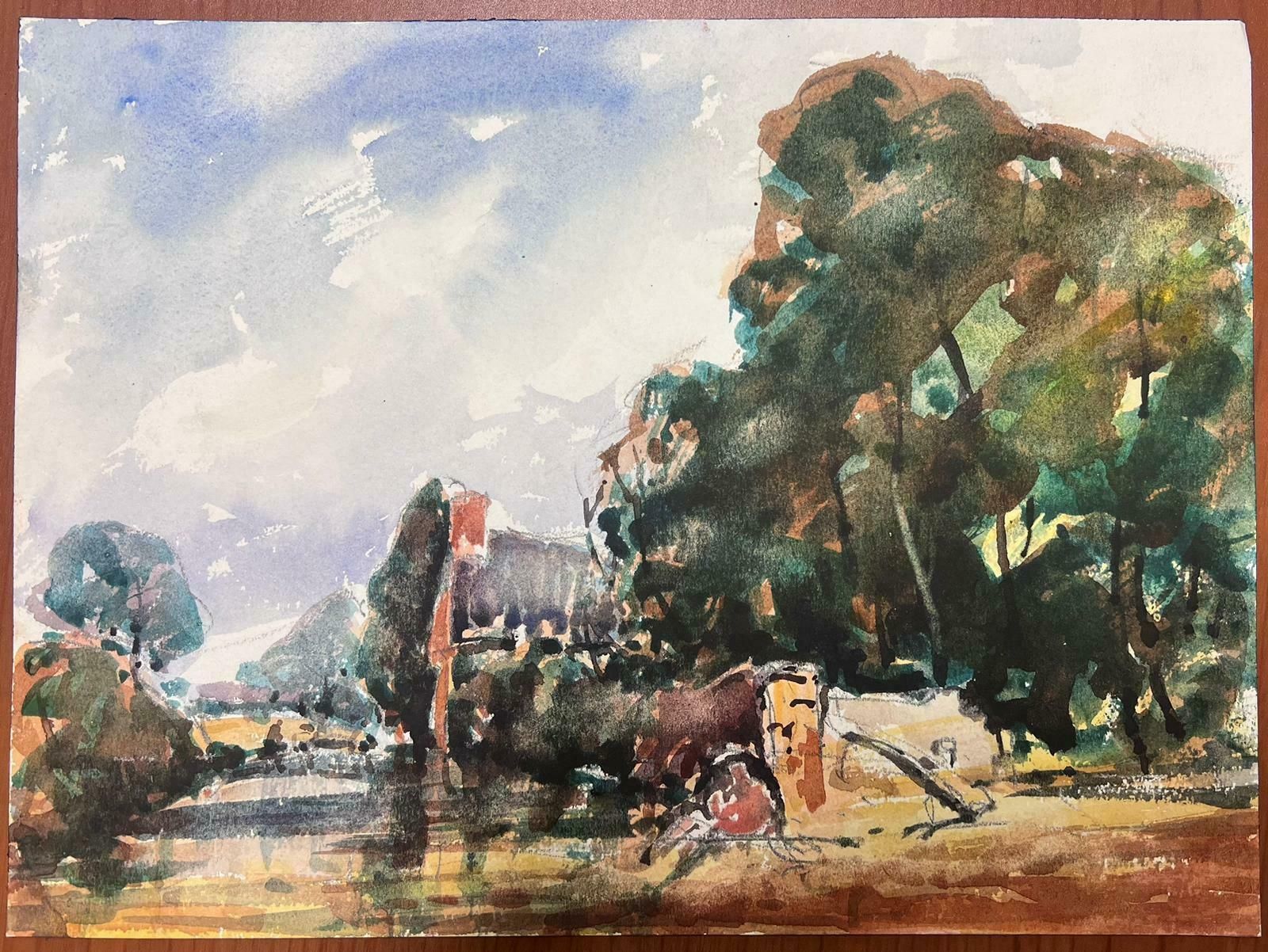 Maurice Mazeiliefrench Watercolour Landscape By The River Bank photo furniture