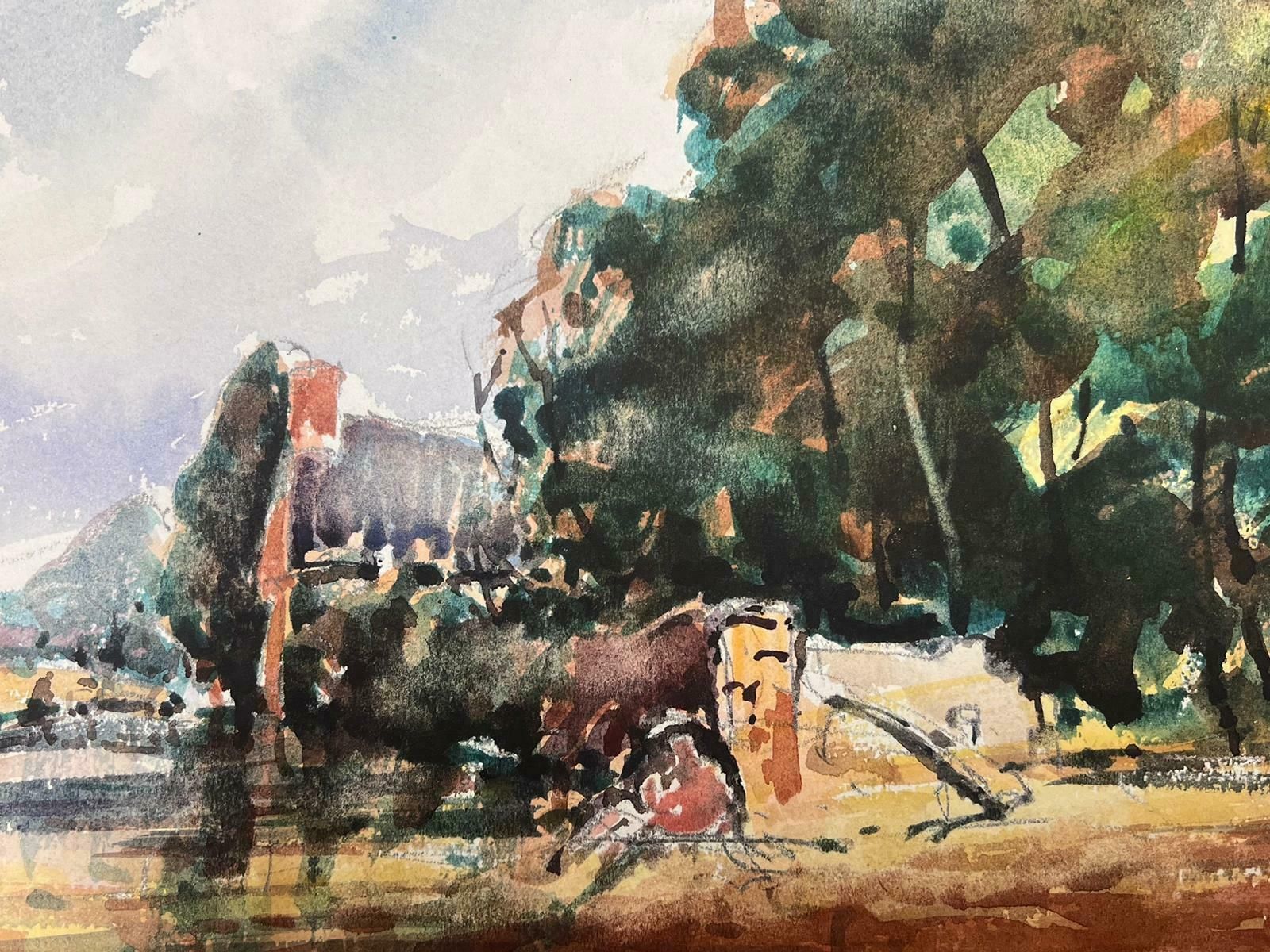 Maurice Mazeiliefrench Watercolour Landscape By The River Bank photo for sale