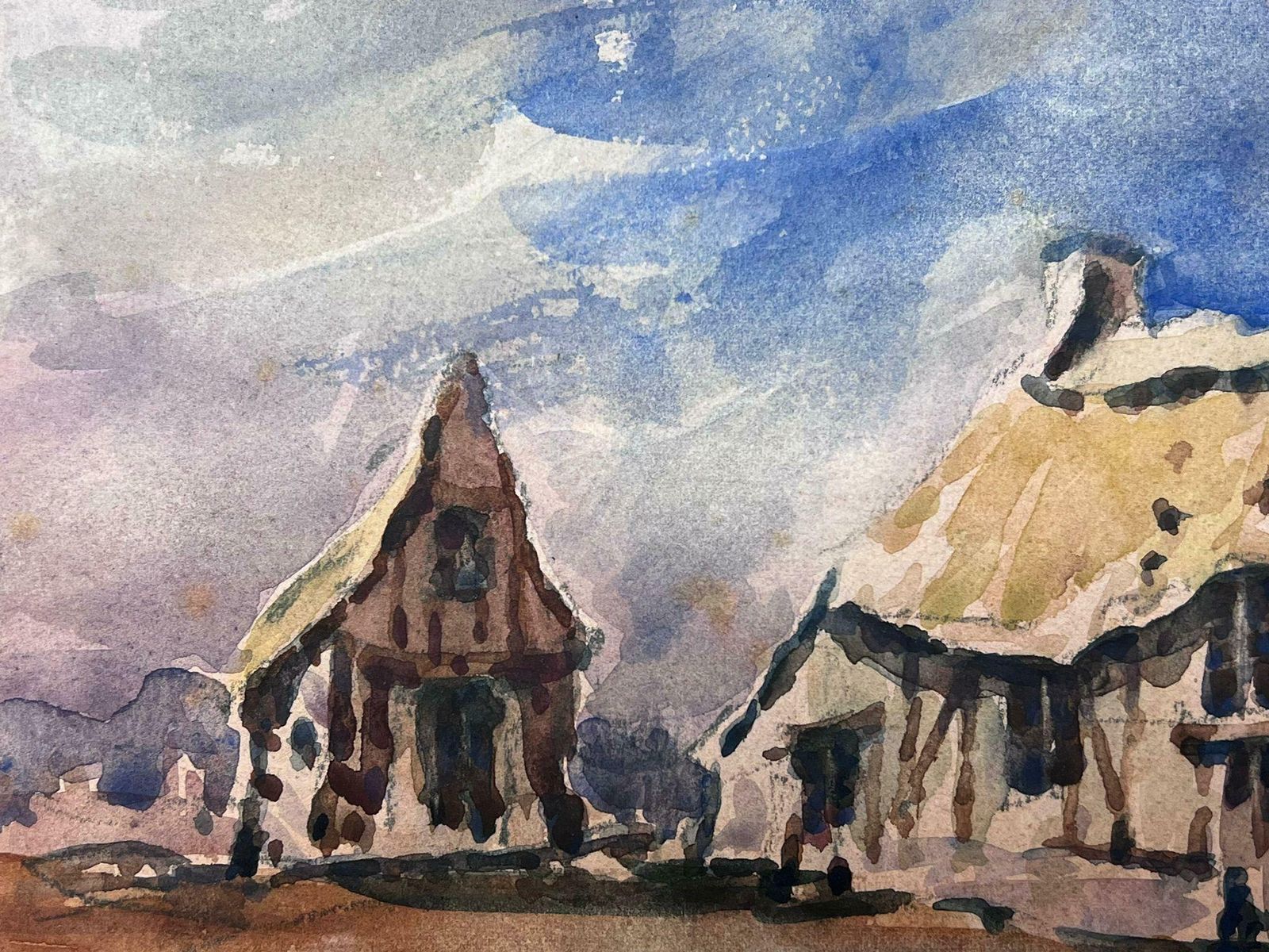 Maurice Mazeiliefrench Impressionist Watercolour Landscape Thatched Cottages photo Art