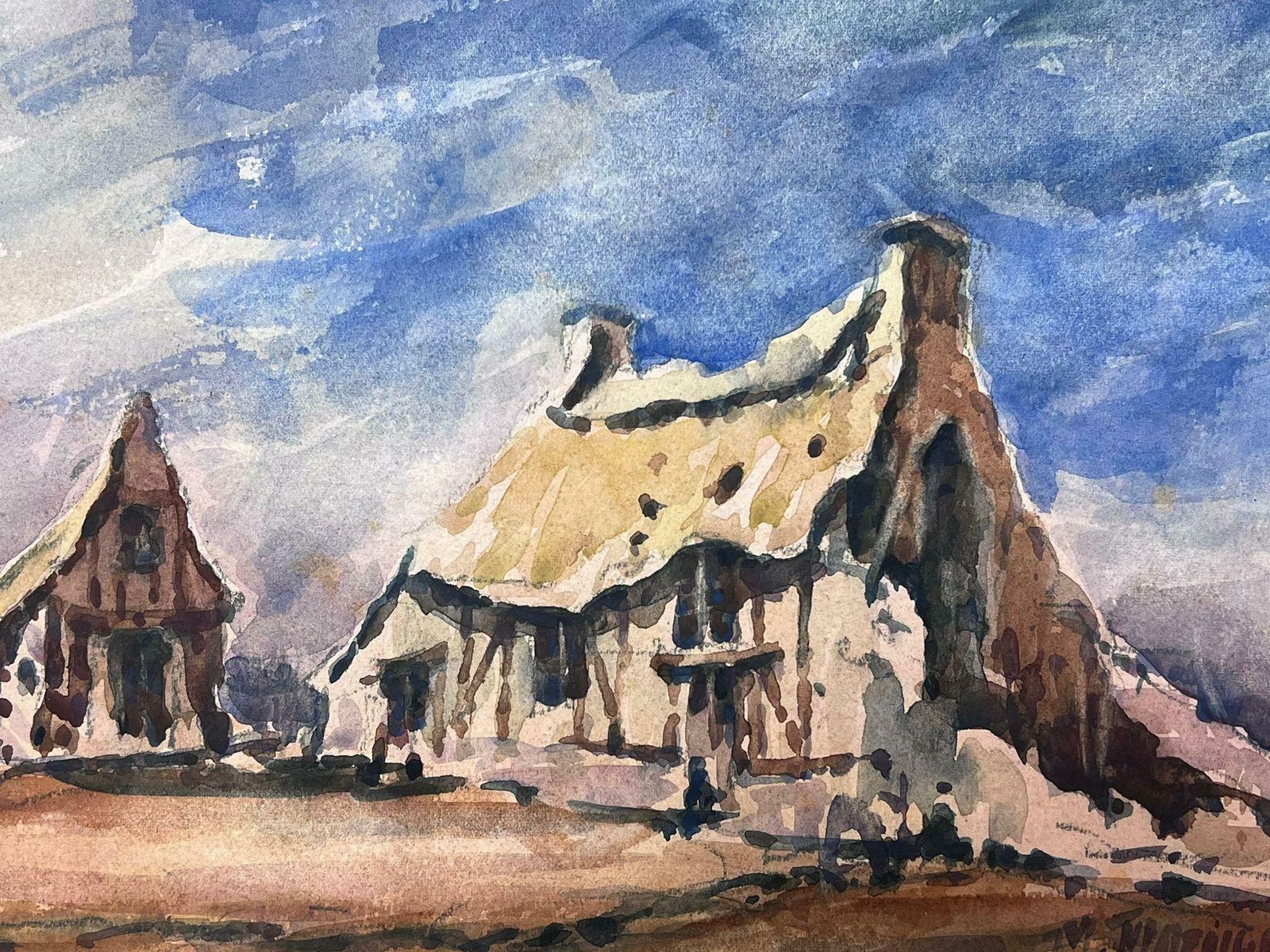 Maurice Mazeiliefrench Impressionist Watercolour Landscape Thatched Cottages photo 409.0