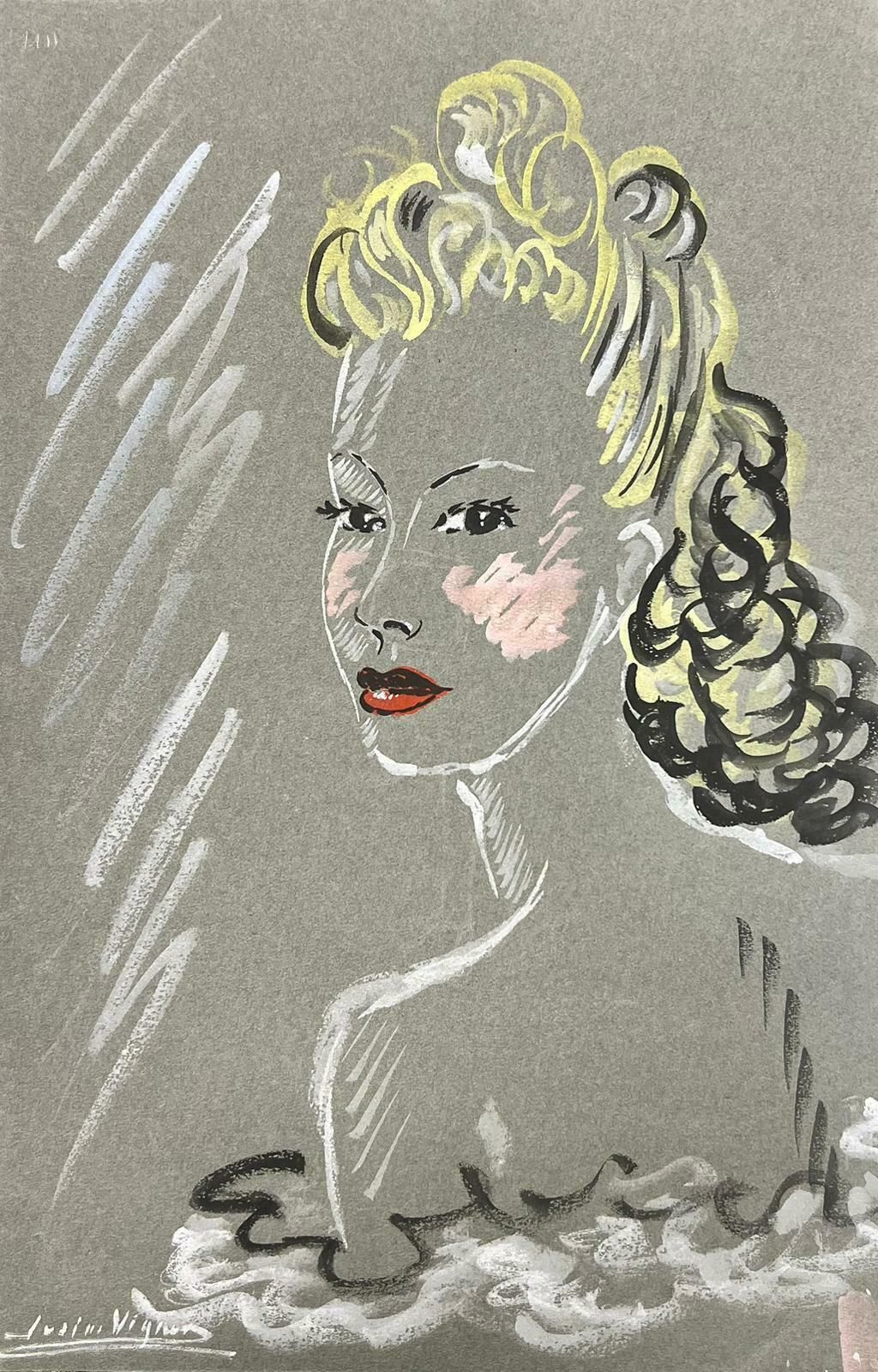 Josine Vignon1950’s Fashion Illustration Original Portrait Of A Blonde Curly Haired Lady 1960's