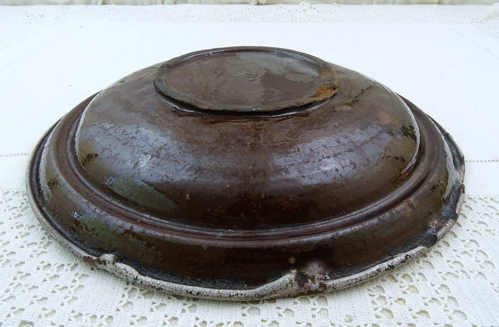 Antique French Primitive Hand Painted 1800s Large Pottery Fruit Dish With Flower Pattern, Vintage Farmhouse Country Rustic Glazed China Bowl photo vinterior