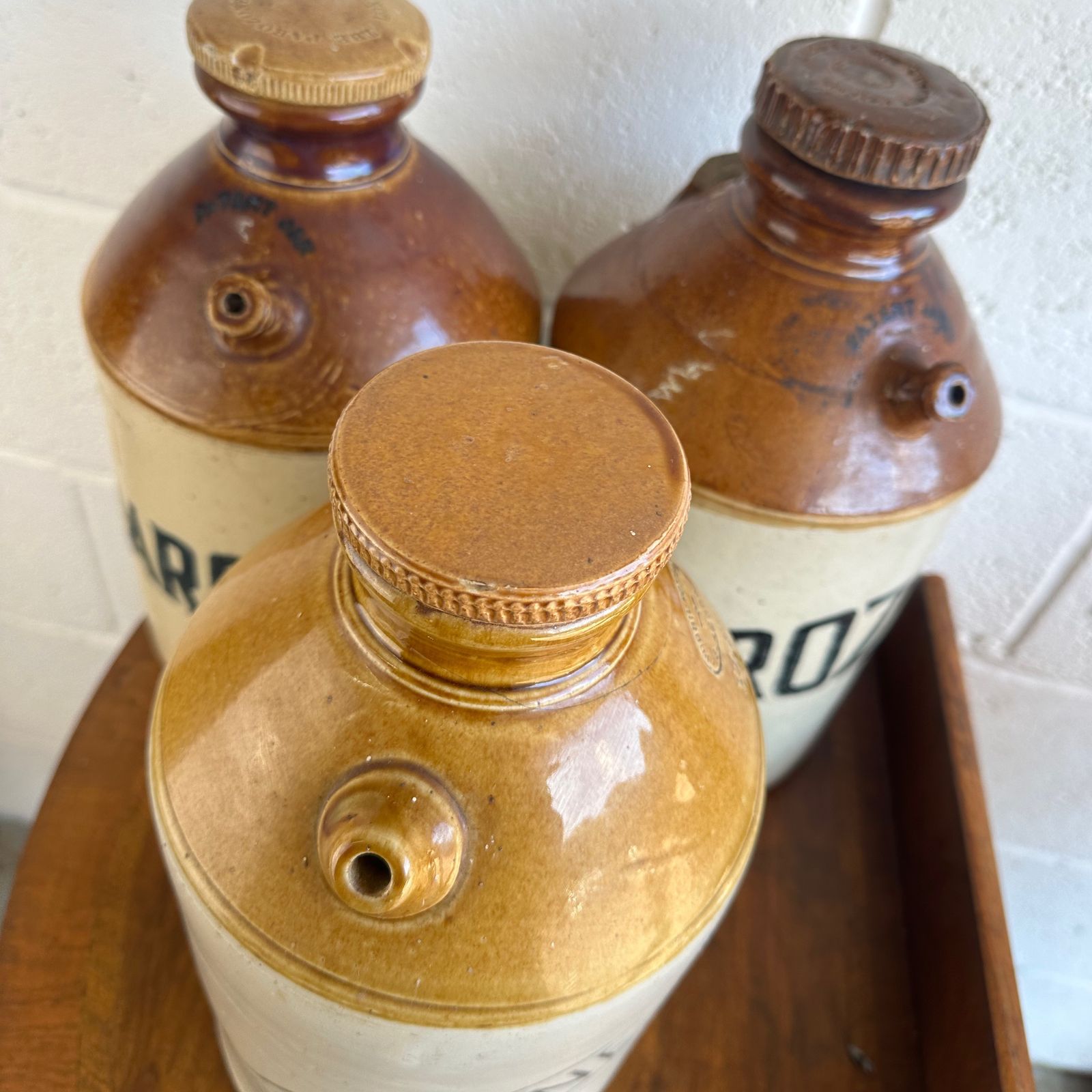 photo for sale Trio Of Late 19th Century Parozone Glasgow Stoneware Flagons, Industrial Look