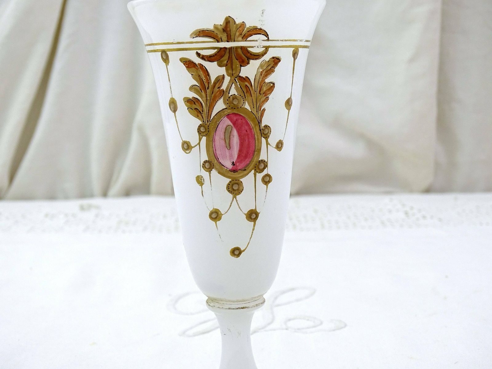 Antique French 19th Century Hand Painted White Opaline Footed Champagne Glass, Vintage Collectible 1800s Milk Glass Vase From France photo vinterior