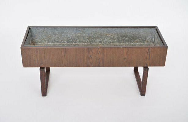 Mid Century Danish Teak Wooden Planter Box With Inlay Metal Tub, 1960s