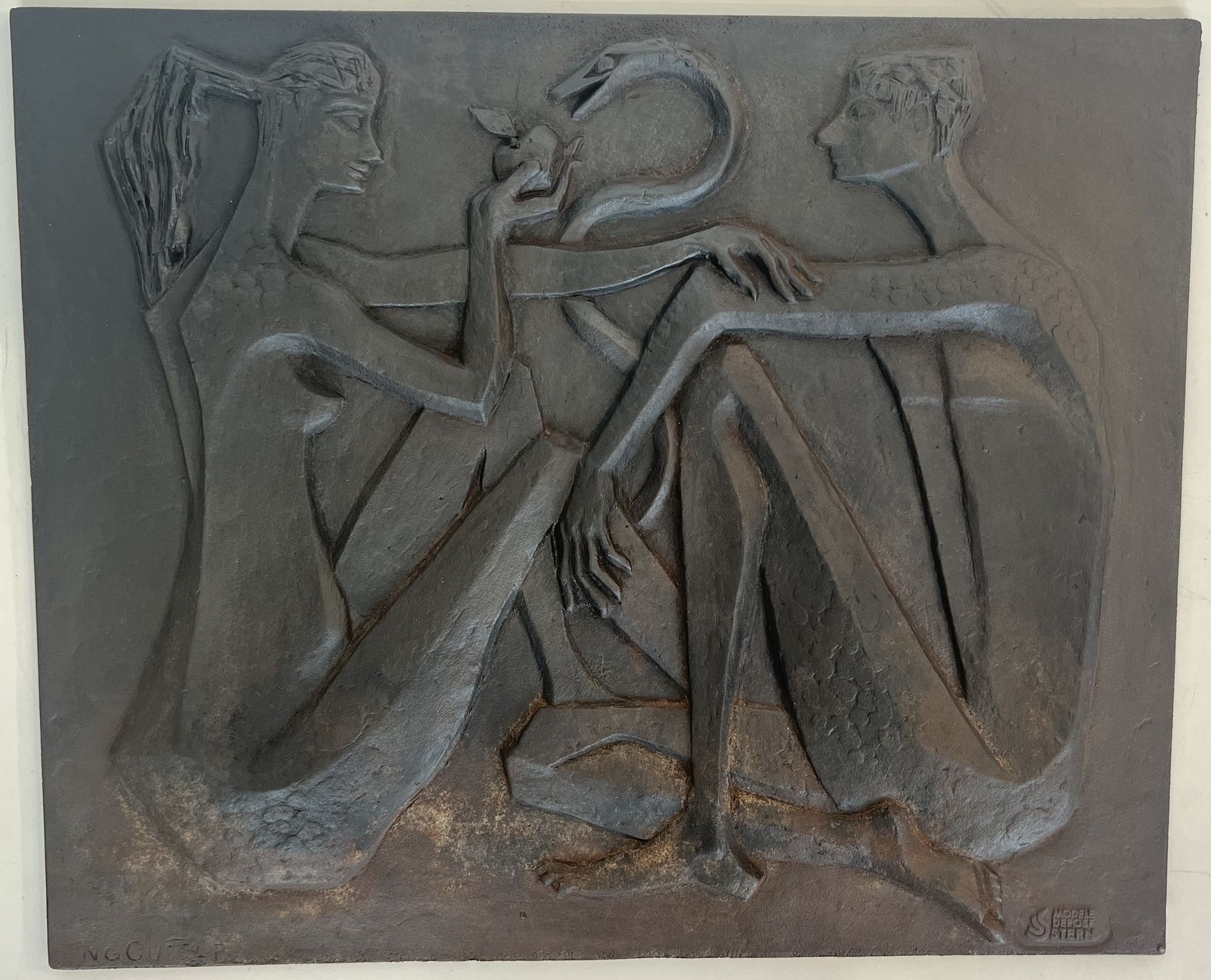 Modernist Cast Iron Fireplace Plate Depicting Adam And Eve, The Apple And The Serpent. Signed And Published By Stern