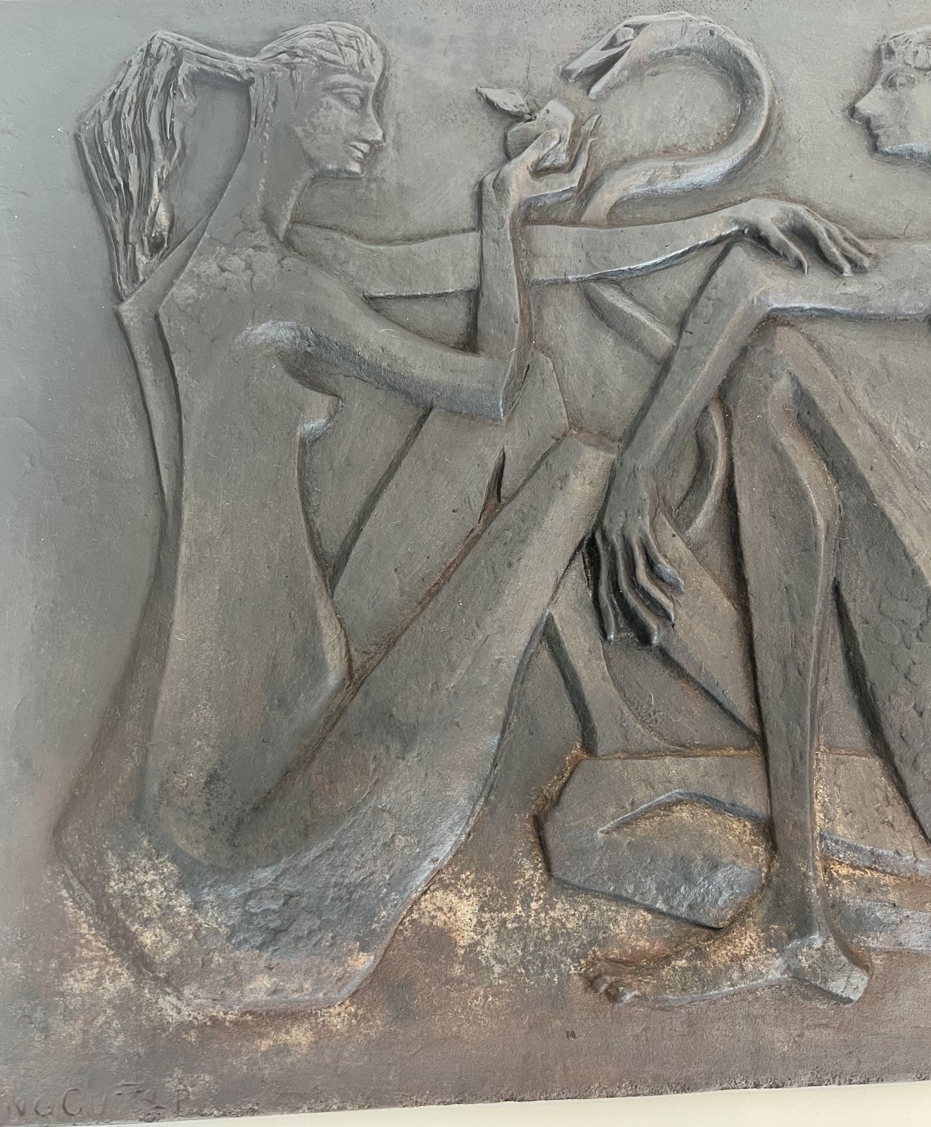 Modernist Cast Iron Fireplace Plate Depicting Adam And Eve, The Apple And The Serpent. Signed And Published By Stern photo Art