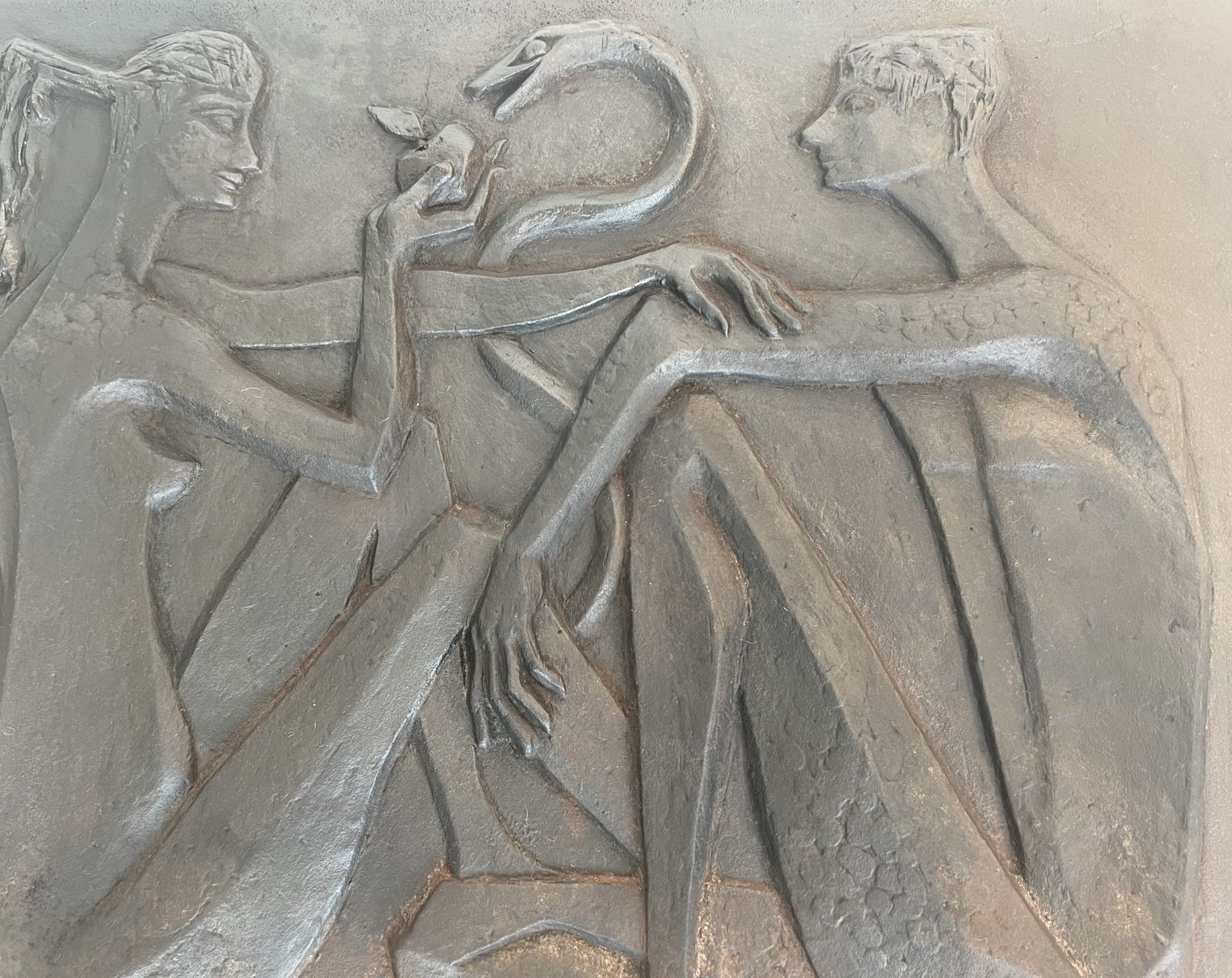 Modernist Cast Iron Fireplace Plate Depicting Adam And Eve, The Apple And The Serpent. Signed And Published By Stern photo buy