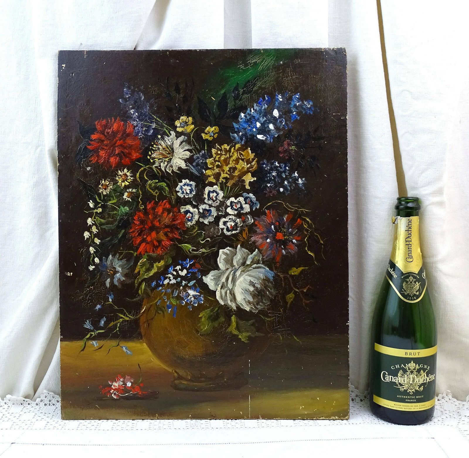 Groot Antiek Frans Stilleven Met Bloemcompositie, Olieverf Op Houten Paneel, Handgeschilderd In De Stijl Van De Oude Meesters, Frankrijk