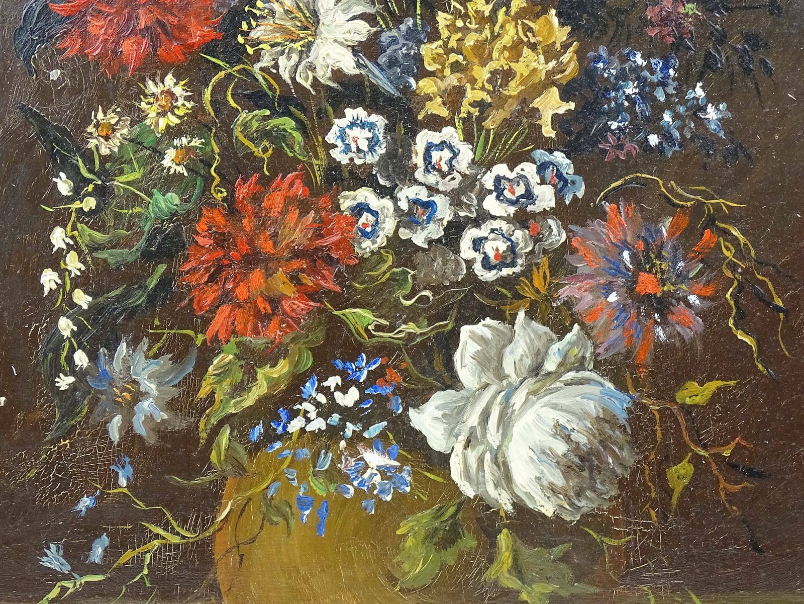 Large Antique French Still Life Floral Composition Oil Paining On Wooden Board, Big Old Masters Style Hand Painted Picture Of Flowers France photo Art