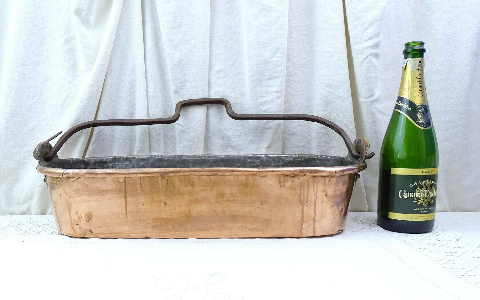 Antique French Hand Crafted Copper Fish Cooking Kettle / Pan, Steamer, Poacher With Forged Iron Handle, French Country Chateau Kitchen Decor