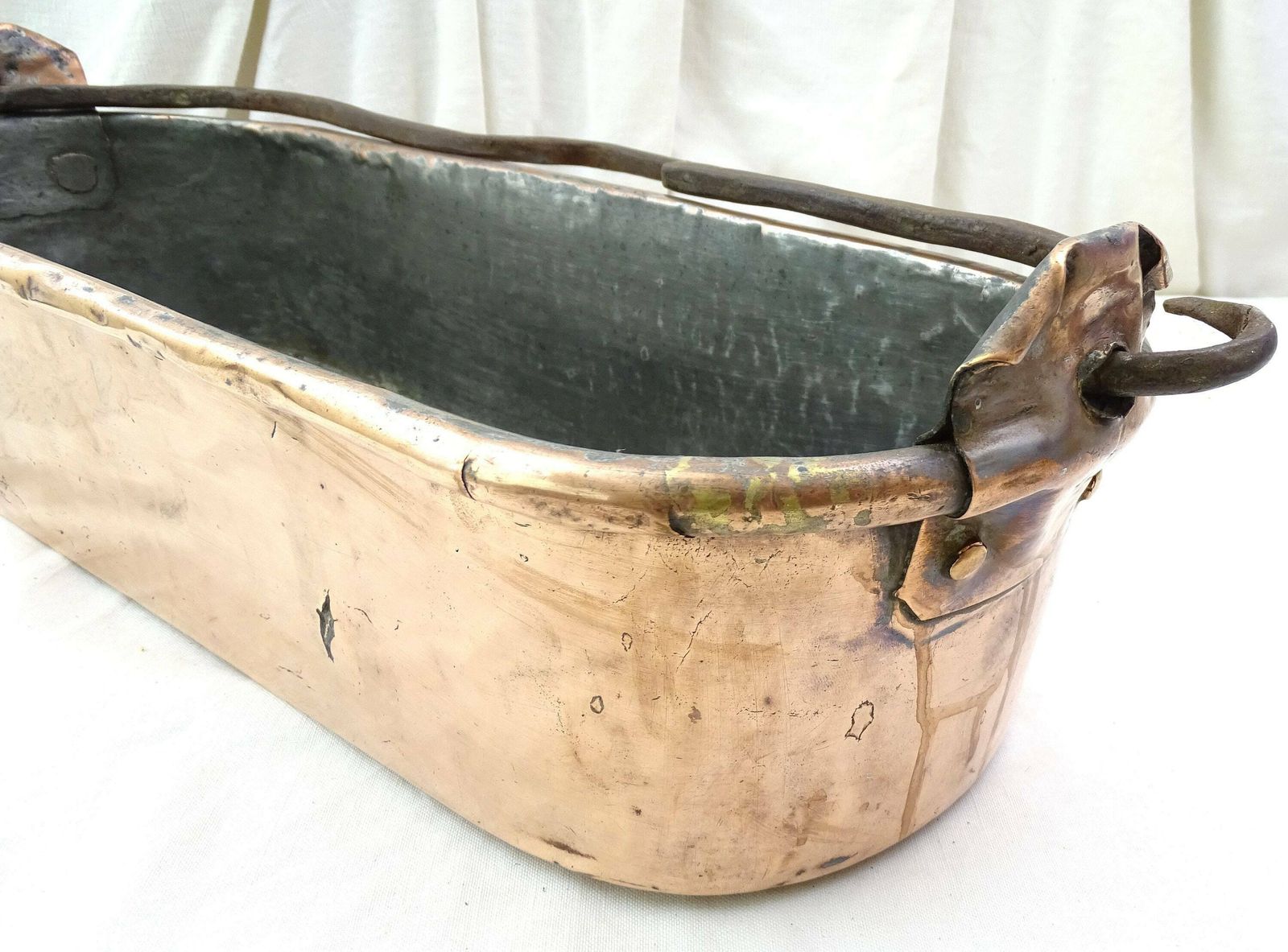 Antique French Hand Crafted Copper Fish Cooking Kettle / Pan, Steamer, Poacher With Forged Iron Handle, French Country Chateau Kitchen Decor photo vinterior