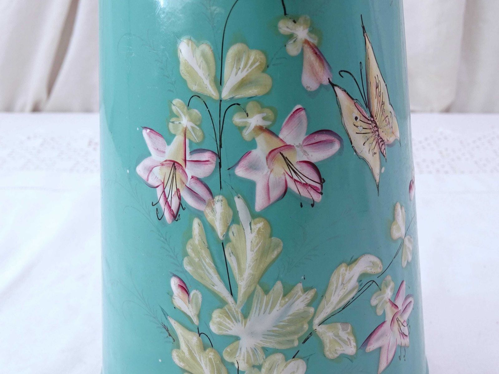 Antique French Early Example Of Enamelware Pitcher In Turquoise Blue With Handpainted Flower And Butterfly Pattern, Vintage Enamel Jug photo for sale