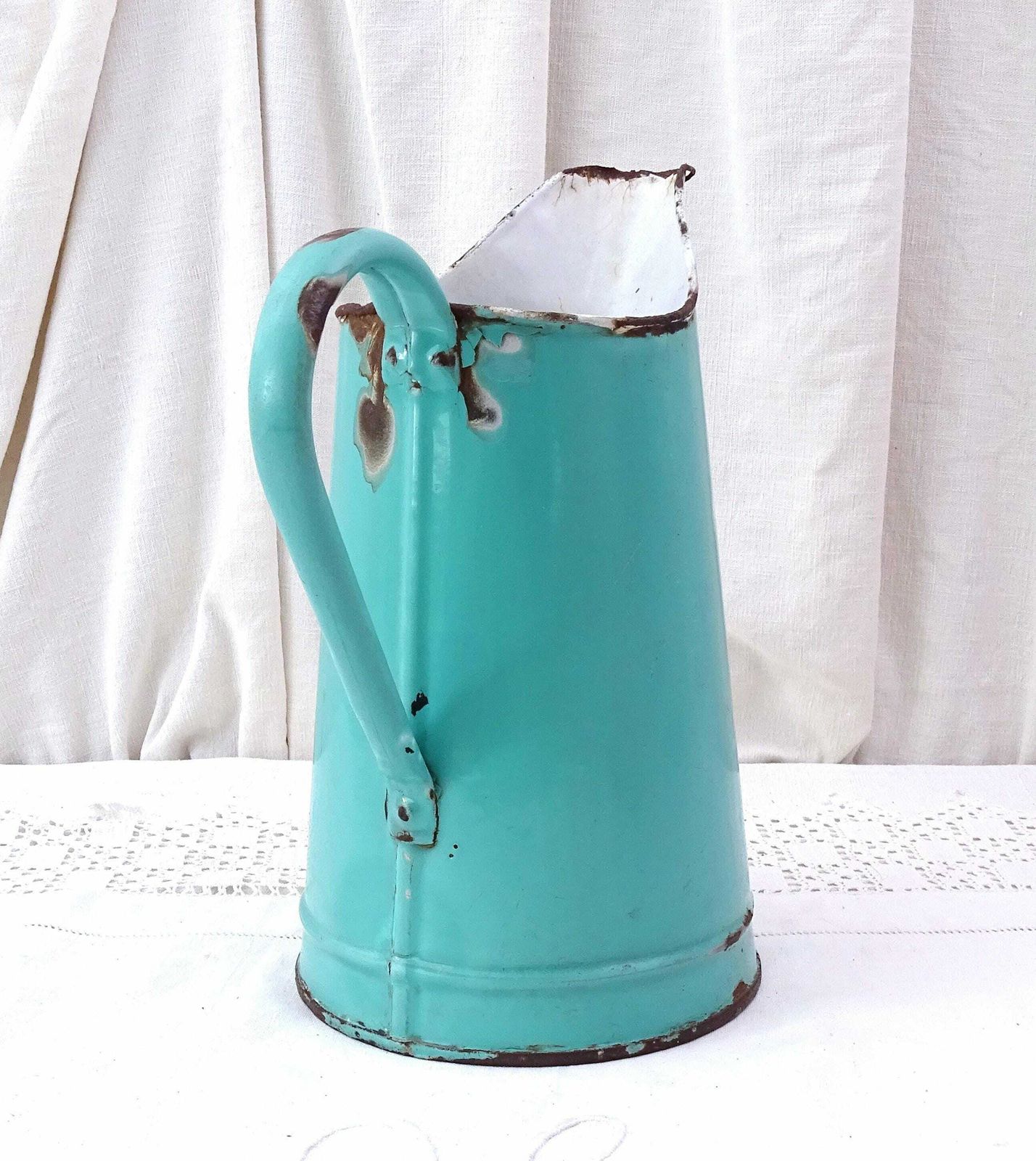 Antique French Early Example Of Enamelware Pitcher In Turquoise Blue With Handpainted Flower And Butterfly Pattern, Vintage Enamel Jug photo Home Decor