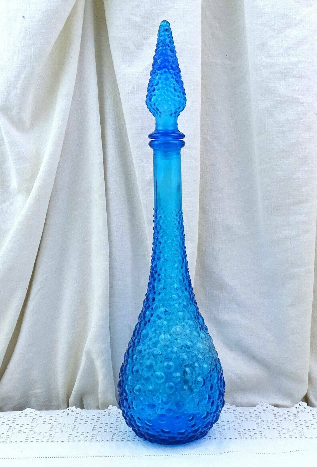Large Tall Vintage Italian Empoli Mid Century 1960s Blue Glass Genie Bottle Floor Decanter With Stopper, European Glassware Carafe photo for sale