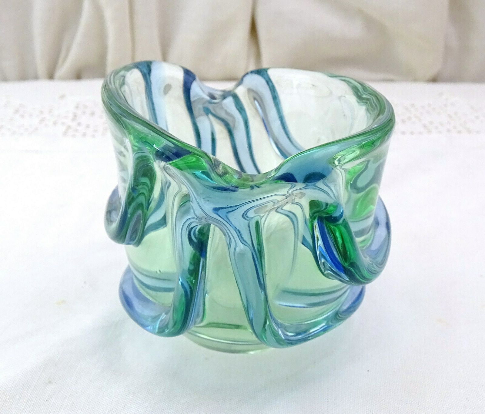 Vintage Mid Century Modern Large Chunky Art Glass Ribbed Pale Green And Blue Cigar Ashtray, Retro 1950s 1960s Mcm Czech Glassware Dish photo for sale