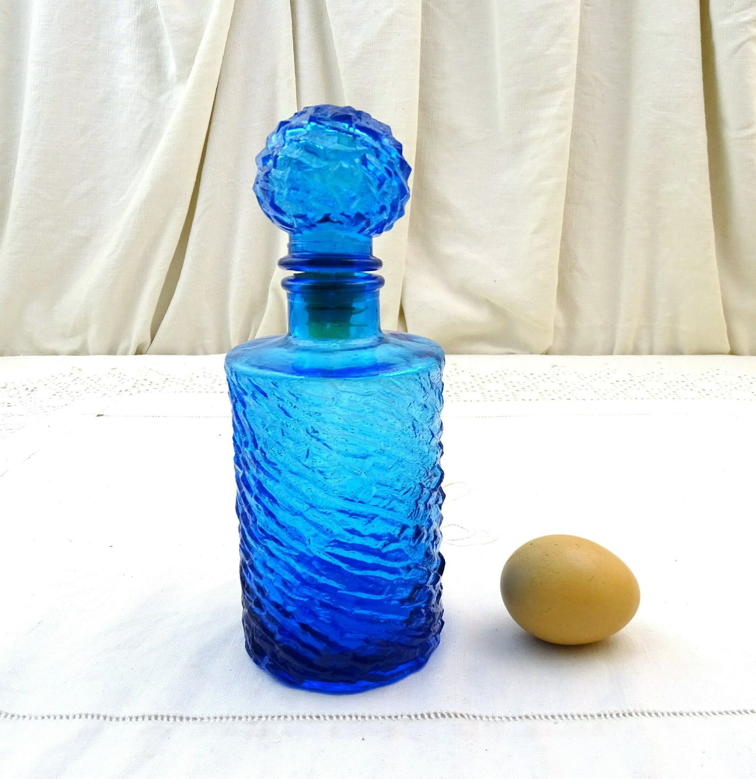 Vintage Mid Century Colbalt Blue Empoli Glass Carafe Stopper, Retro 1960s Large Perfume Bottle Italy, Italian Collectible Decanter Glassware photo Home Decor
