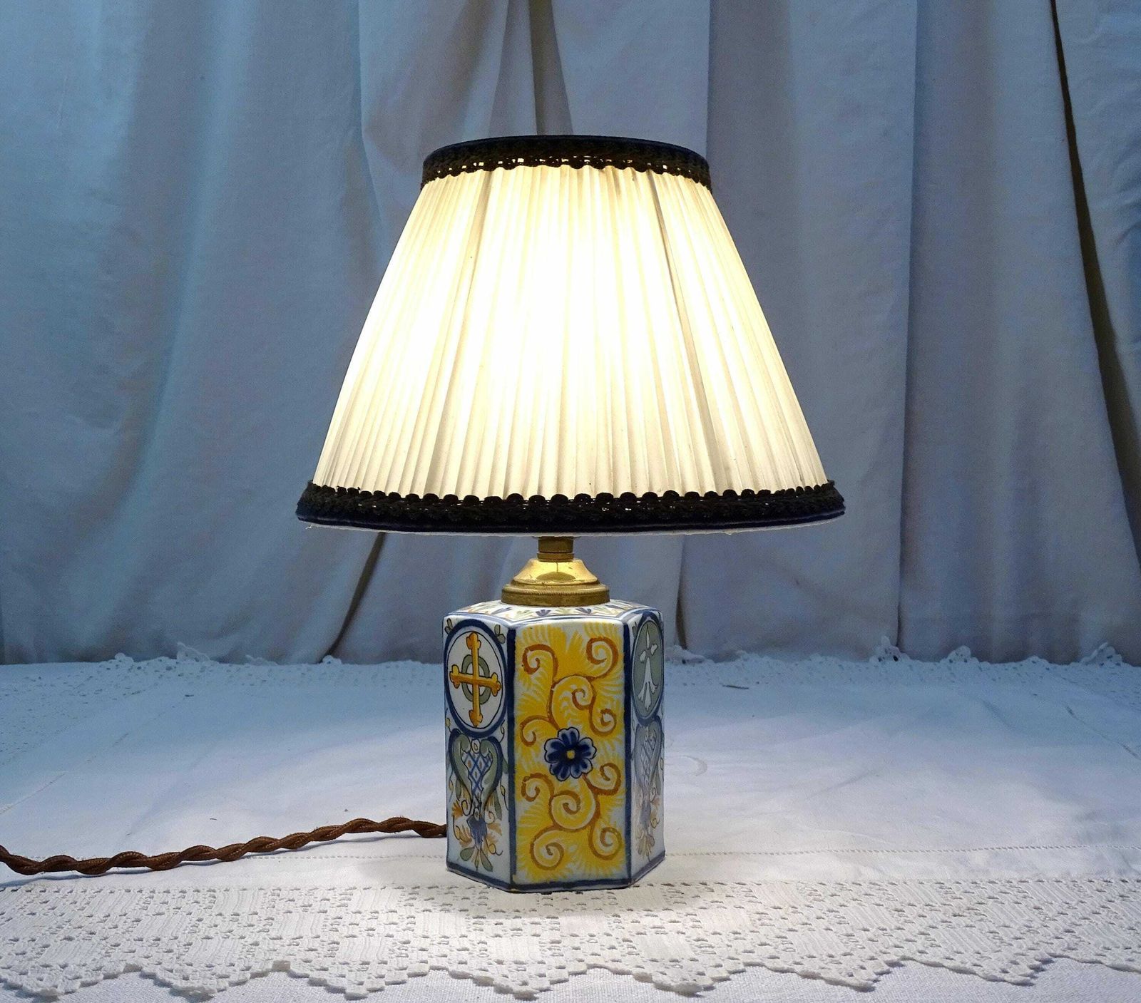 Vintage French Handpainted Ceramic Hexagonal Table Lamp Base And Shade With Fleur De Lis Pattern, Retro Pottery Light Bottom From France