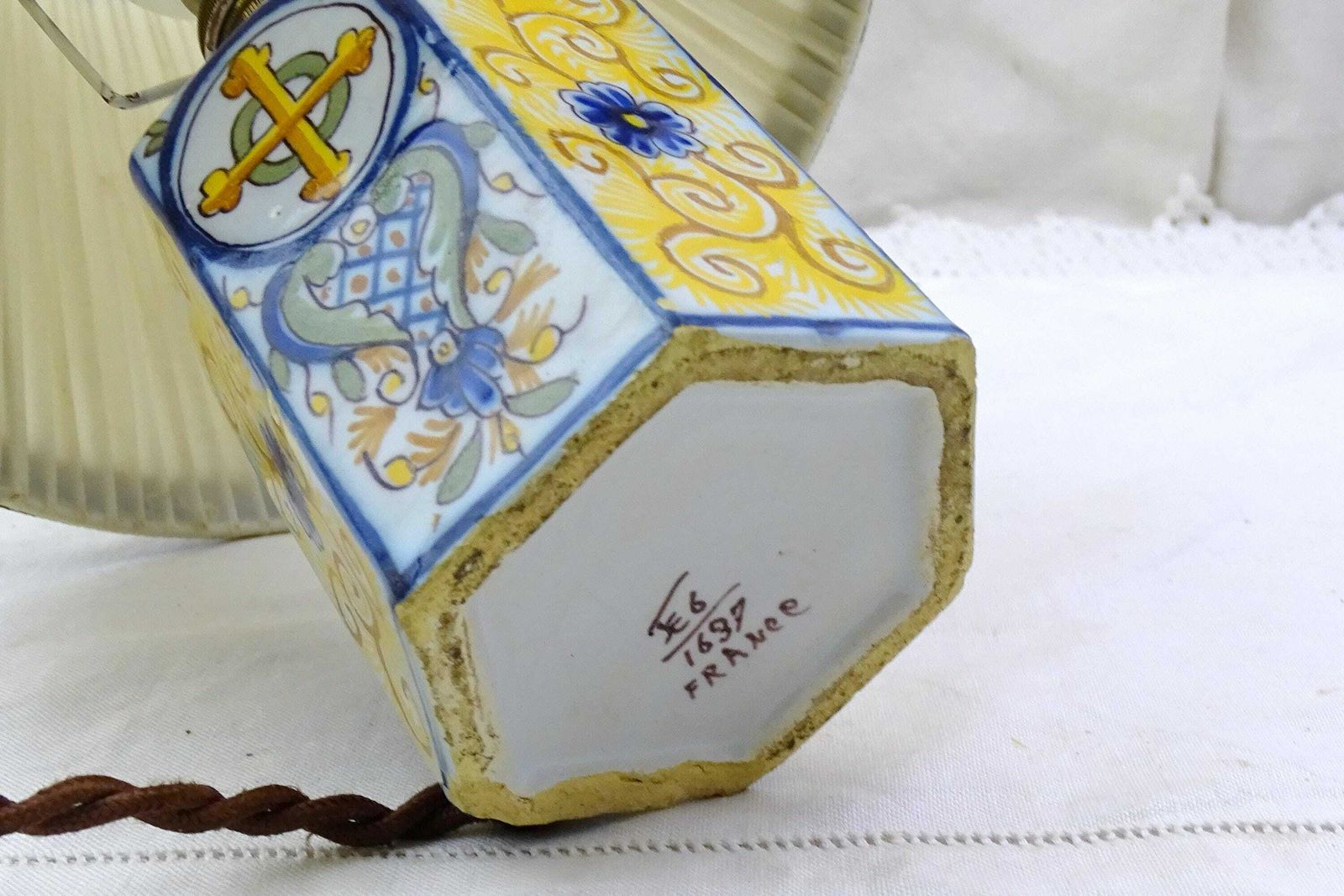 Vintage French Handpainted Ceramic Hexagonal Table Lamp Base And Shade With Fleur De Lis Pattern, Retro Pottery Light Bottom From France photo vintage