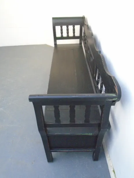 photo furniture A Black & Green Heart Motif Antique Pine 3 Seater Bench