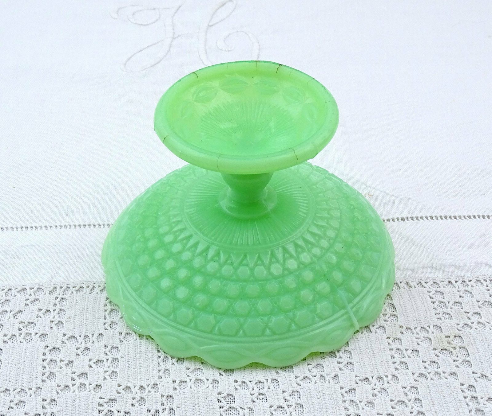 Small Antique French Jadeite Opaline Glass Footed Pedestal Ring Dish, Vintage Molded Pressed Green Milk Glass Comport Bowl From France photo for sale