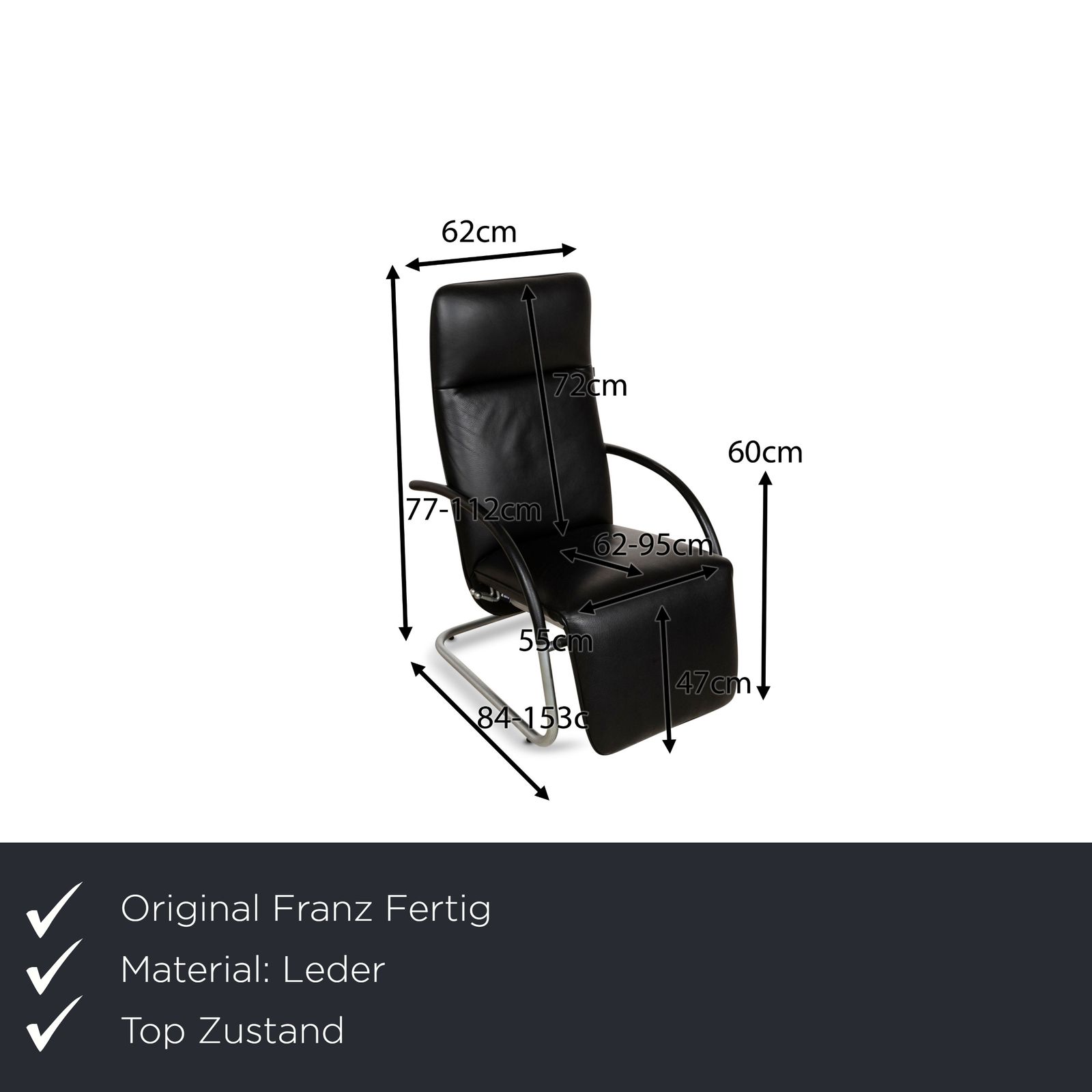 Fauteuil relax Franz Fertig Fino en cuir noir, fonction manuelle photo furniture