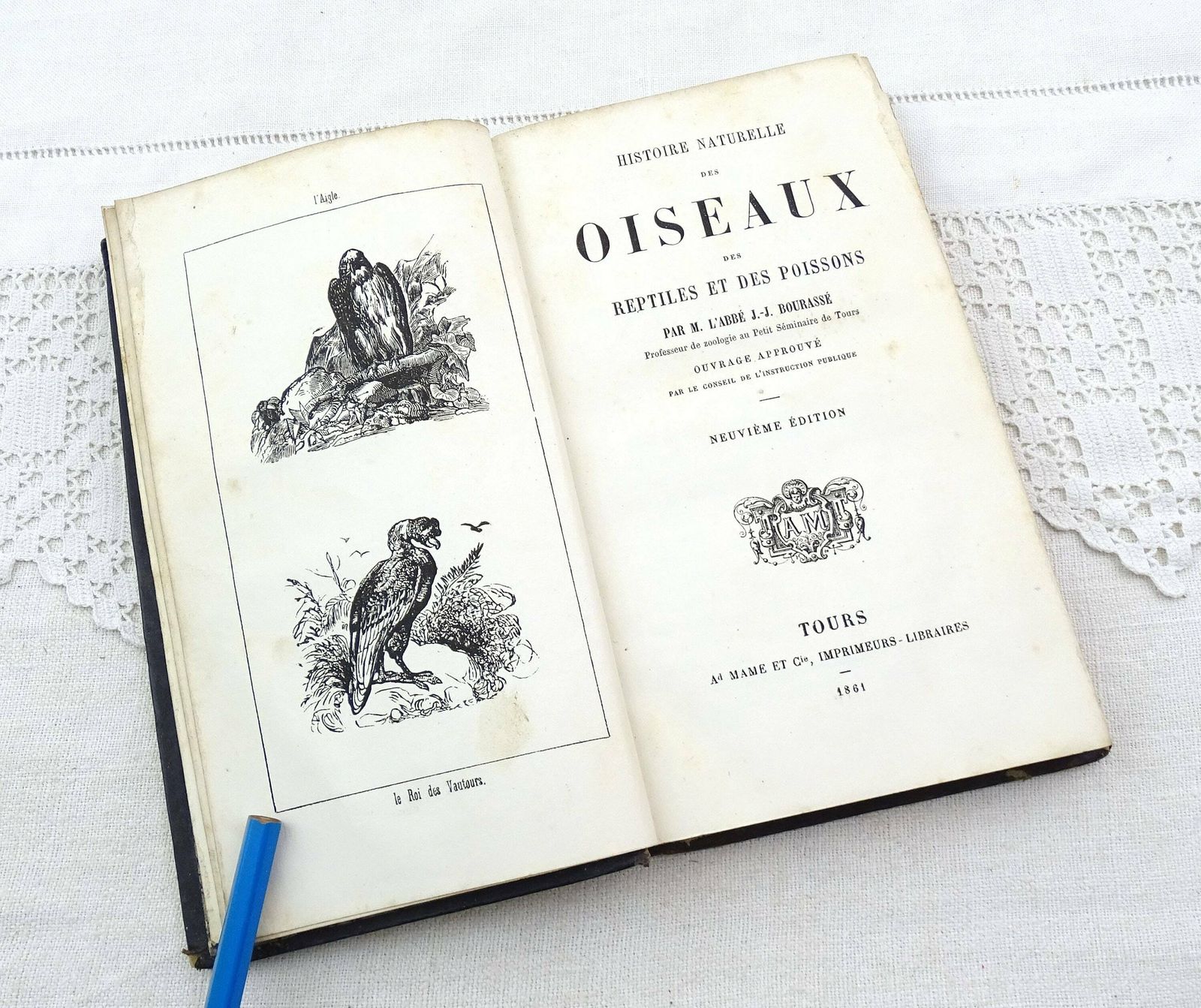 Antiek Frans Leren Boek Uit 1861 Met Vergulde Decoratie – Natuurlijke Historie Van Vogels, Reptielen En Vissen – Histoire Naturelle Des Oiseaux Des Reptiles Et Des Poissons Door M L'abbé J J Bourassé photo furniture