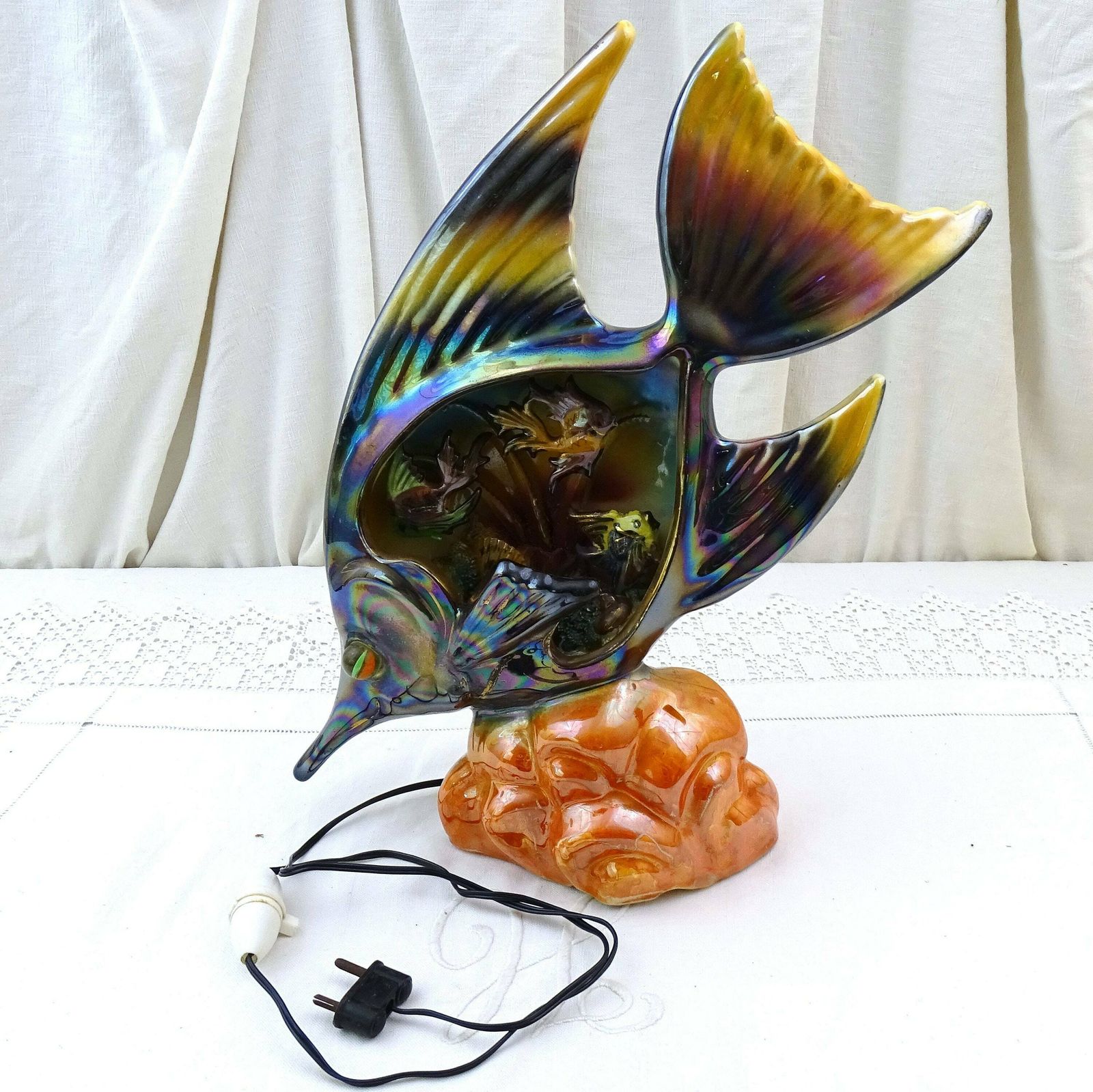 French Vintage Mid Century Vallauris Table Lamp Fish, Retro 1960s Monaco Encrusted Light, Kitsch Fun Novelty Zoomorphic Seaside Lighting photo Lighting