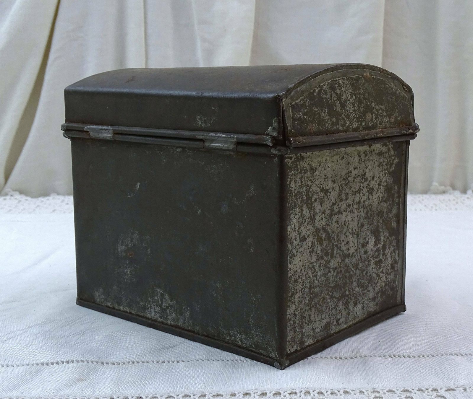 Antique French Rounded Top Metal Box With Clasp, Small Chest Style Folded White Metal Casket From France, Country Brocante Home Decor photo furniture