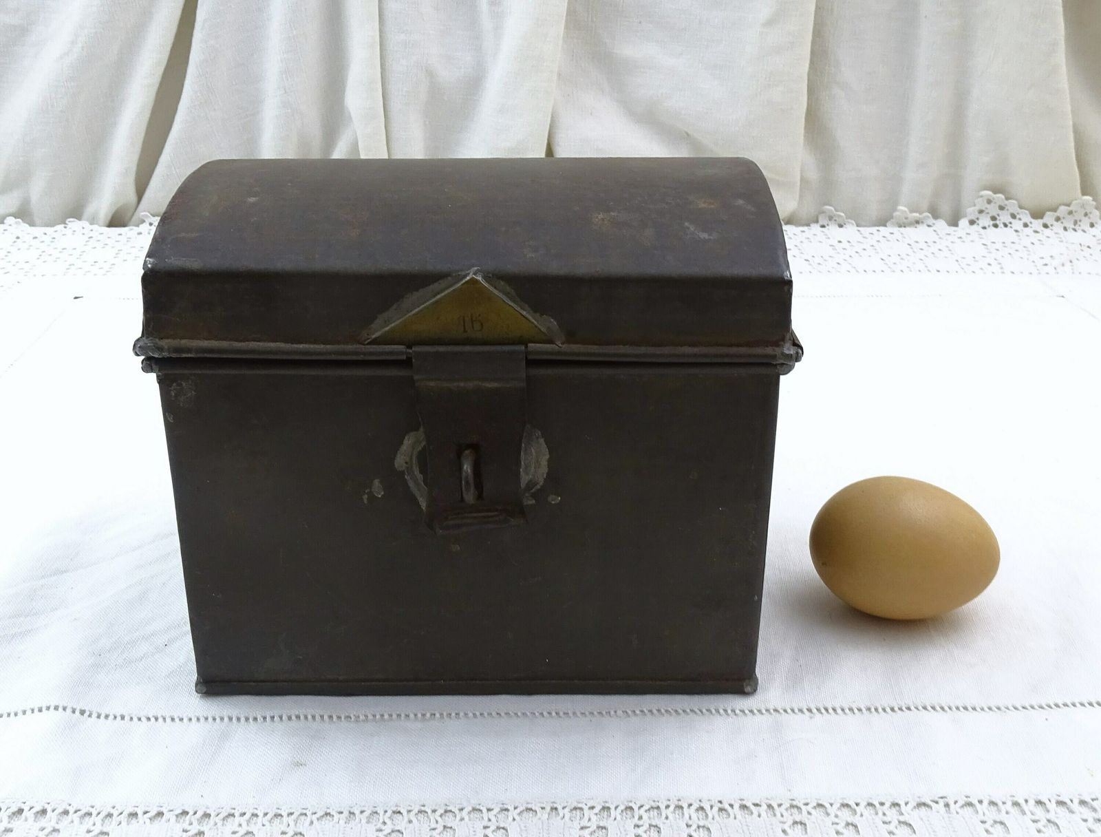 Antique French Rounded Top Metal Box With Clasp, Small Chest Style Folded White Metal Casket From France, Country Brocante Home Decor photo buy