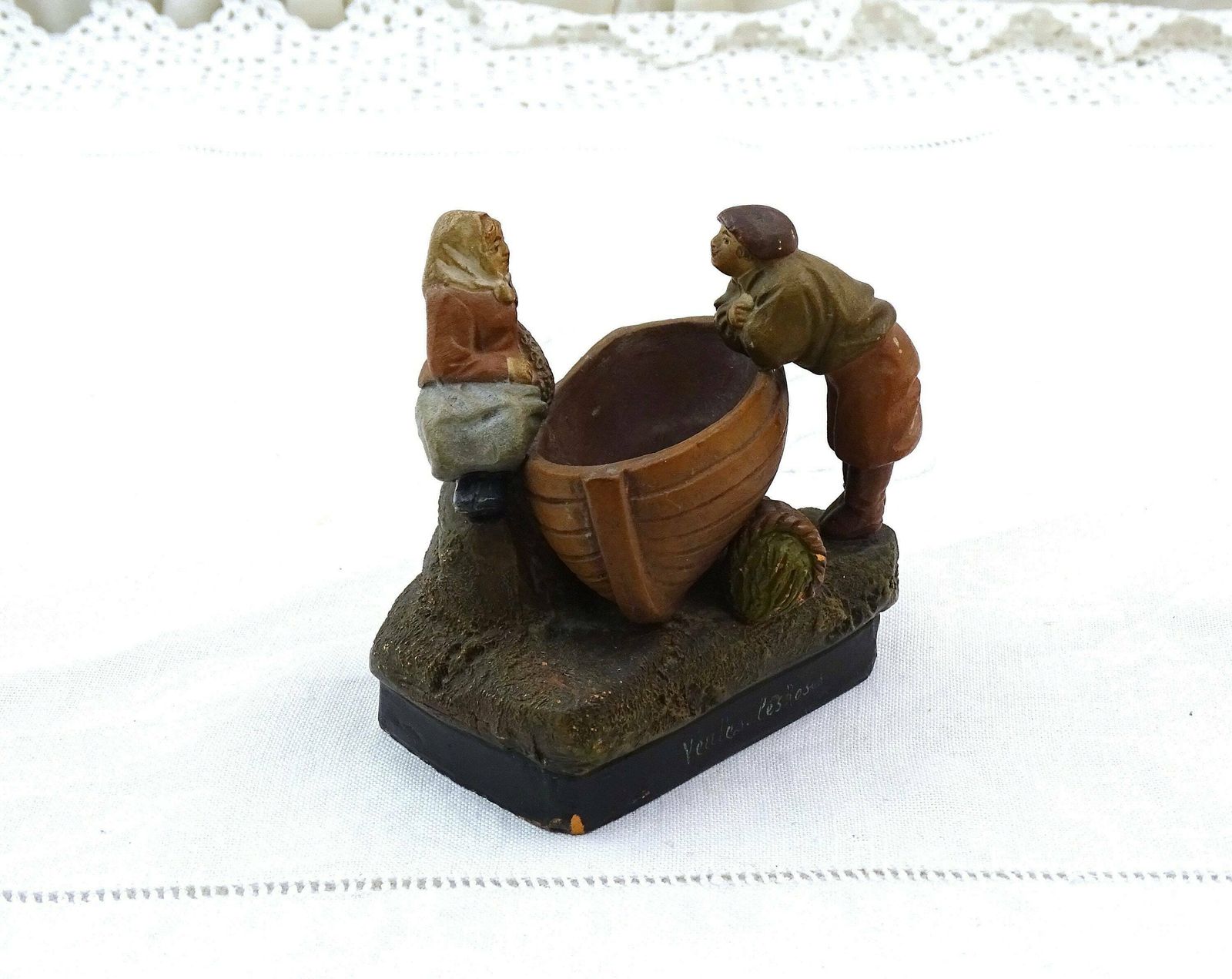 Antique French Louis Alphonse Hanne Terres Cuites De L'isle Adam Glazed Terracotta Figurine Of Fisherman Wife, Vintage Seaside Sculpture