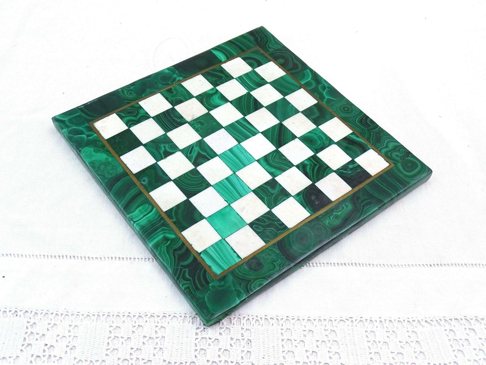 Vintage Inlaid Malachite Semi Precious Stone Chess Board With Bronze Metal Banding, Retro Luxury Exotic Board Game In Green And White