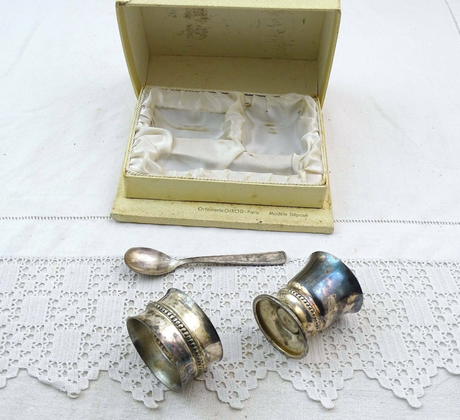 Vintage French 1950s Silver Plated Three Piece Christening Gift Boxed Set Of Egg Cup Napkin Ring And Spoon By Girou Paris, Retro Breakfast