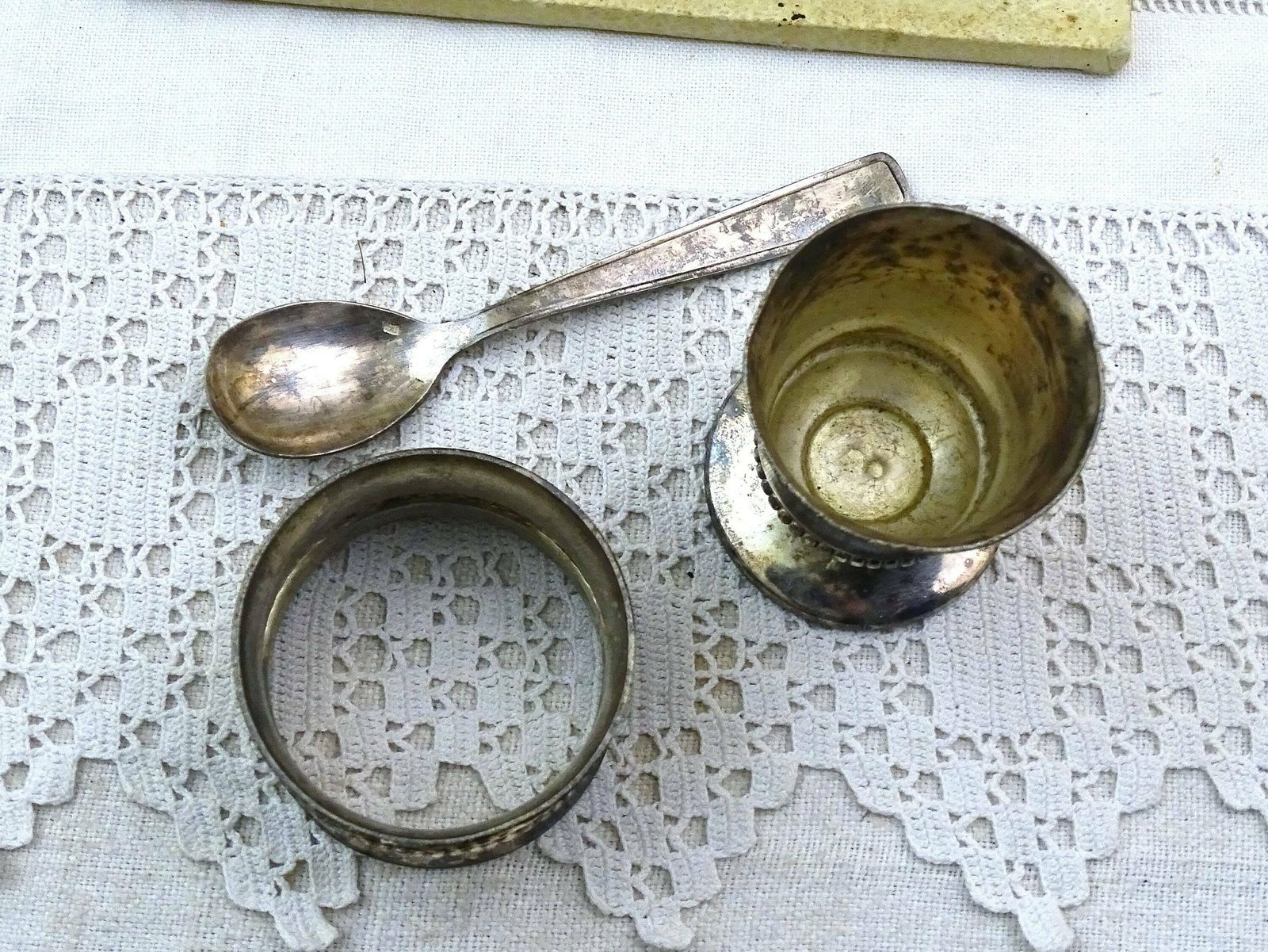 Vintage French 1950s Silver Plated Three Piece Christening Gift Boxed Set Of Egg Cup Napkin Ring And Spoon By Girou Paris, Retro Breakfast photo vinterior