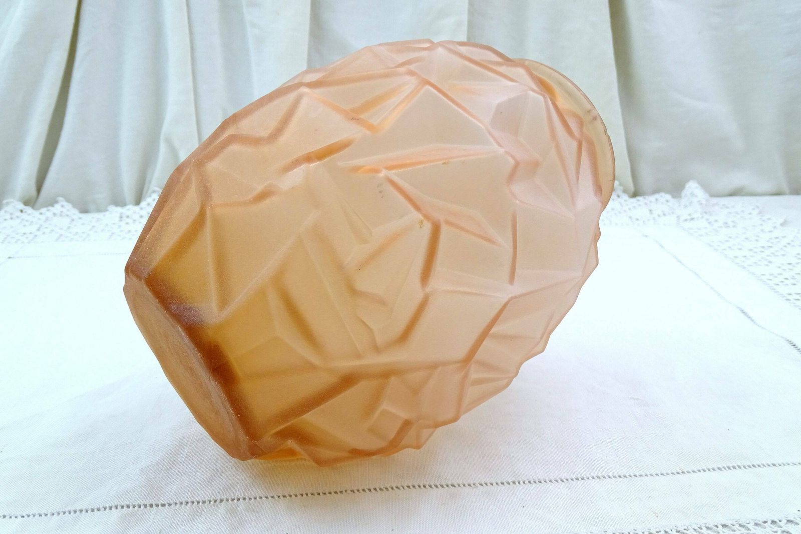 Antique French Art Deco Frosted Pink Glass Vase Geometric Patterns, Retro 1930 Decorative Glassware From France, Flower Accessory Home Decor photo Home Decor