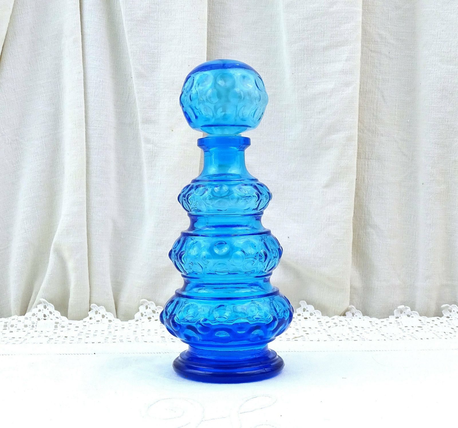 Carafe vintage Empoli en verre bleu cobalt avec bouchon, grand flacon à parfum rétro, années 1960, Italie, pièce de collection