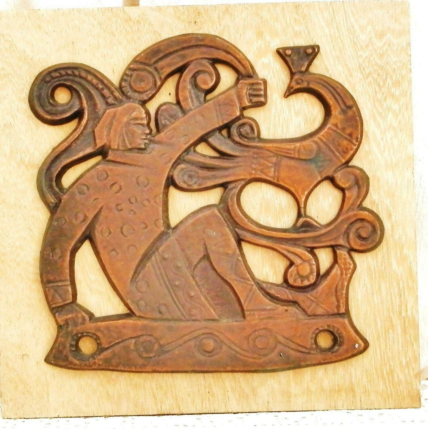 Vintage Bronze Folk Art 1950s Stylized Scandinavian Wall Hanging Plaque With A Peacock, Retro Metal And Wood Unusual Picture With A Bird photo furniture