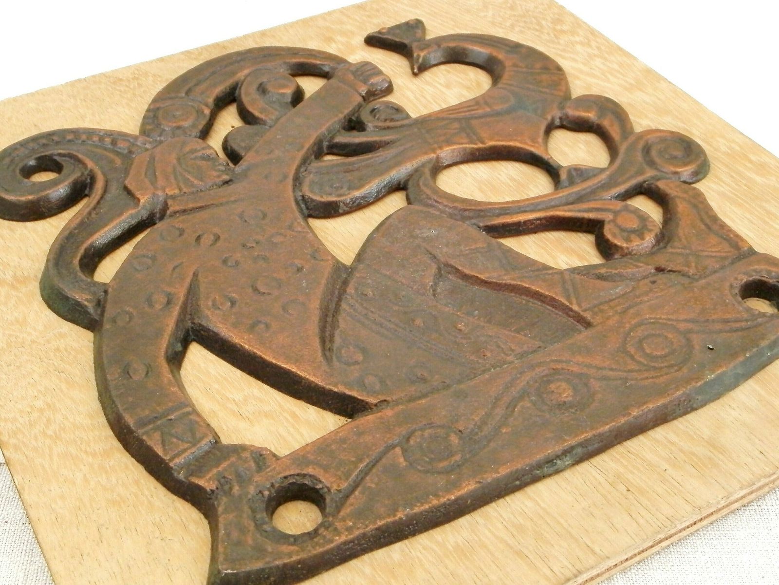 Vintage Bronze Folk Art 1950s Stylized Scandinavian Wall Hanging Plaque With A Peacock, Retro Metal And Wood Unusual Picture With A Bird photo 77.0