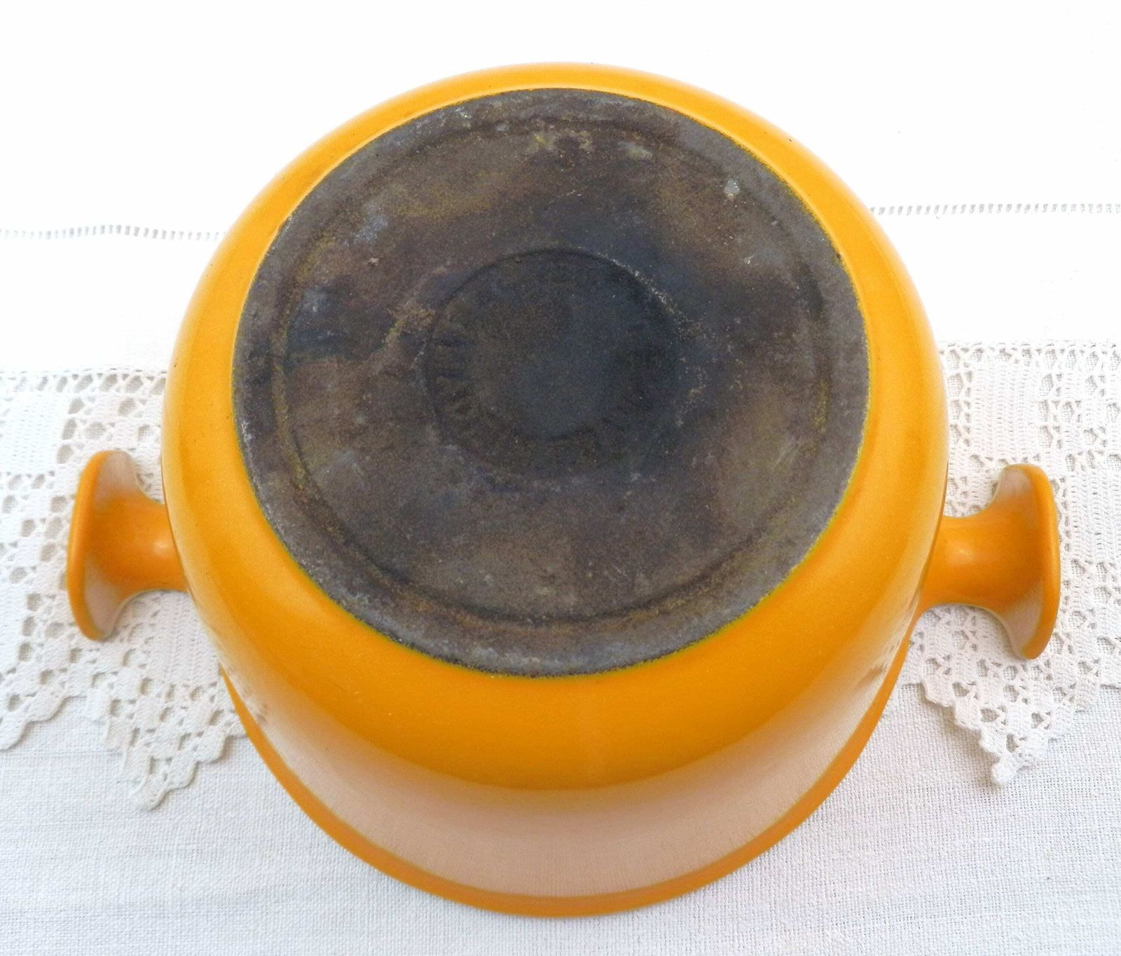 Vintage 1970s French Le Creuset Orange Cast Iron Enamelware Fondue Pan By Italian Designer Enzo Mari, Retro Kitchenware From France photo buy