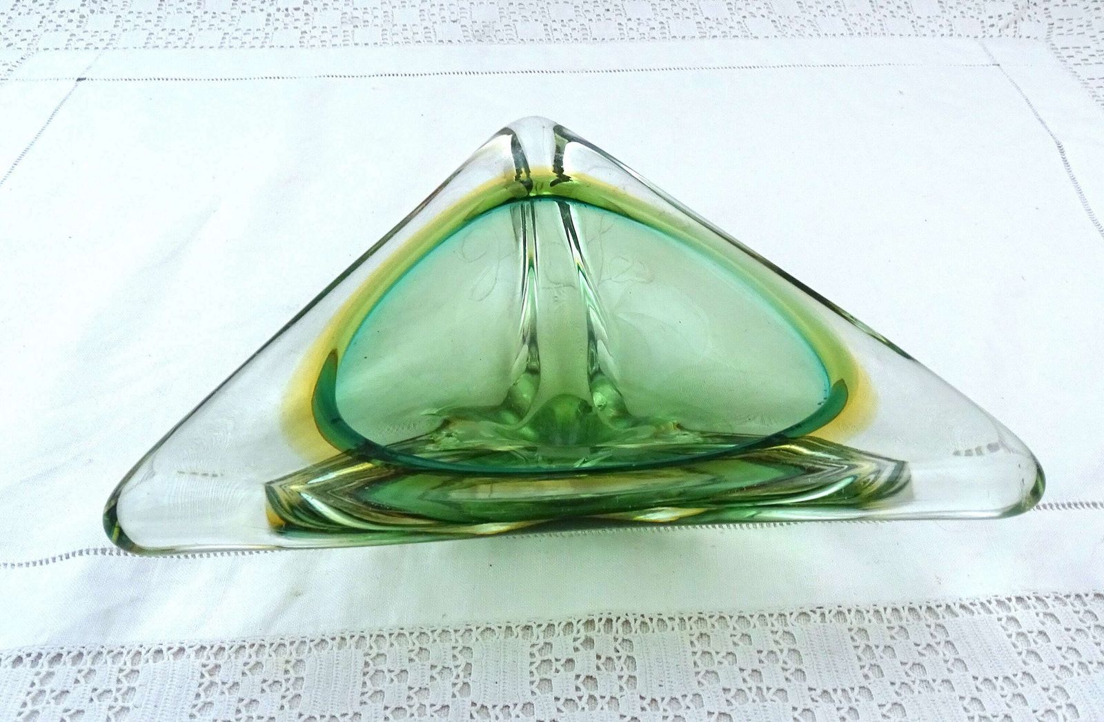 Large Italian Green And Yellow Arte Nuova Murano Sommerso Triangle Glass Bowl, Big Retro Venetian Triangular Glass Cigar Ashtray From Italy photo furniture