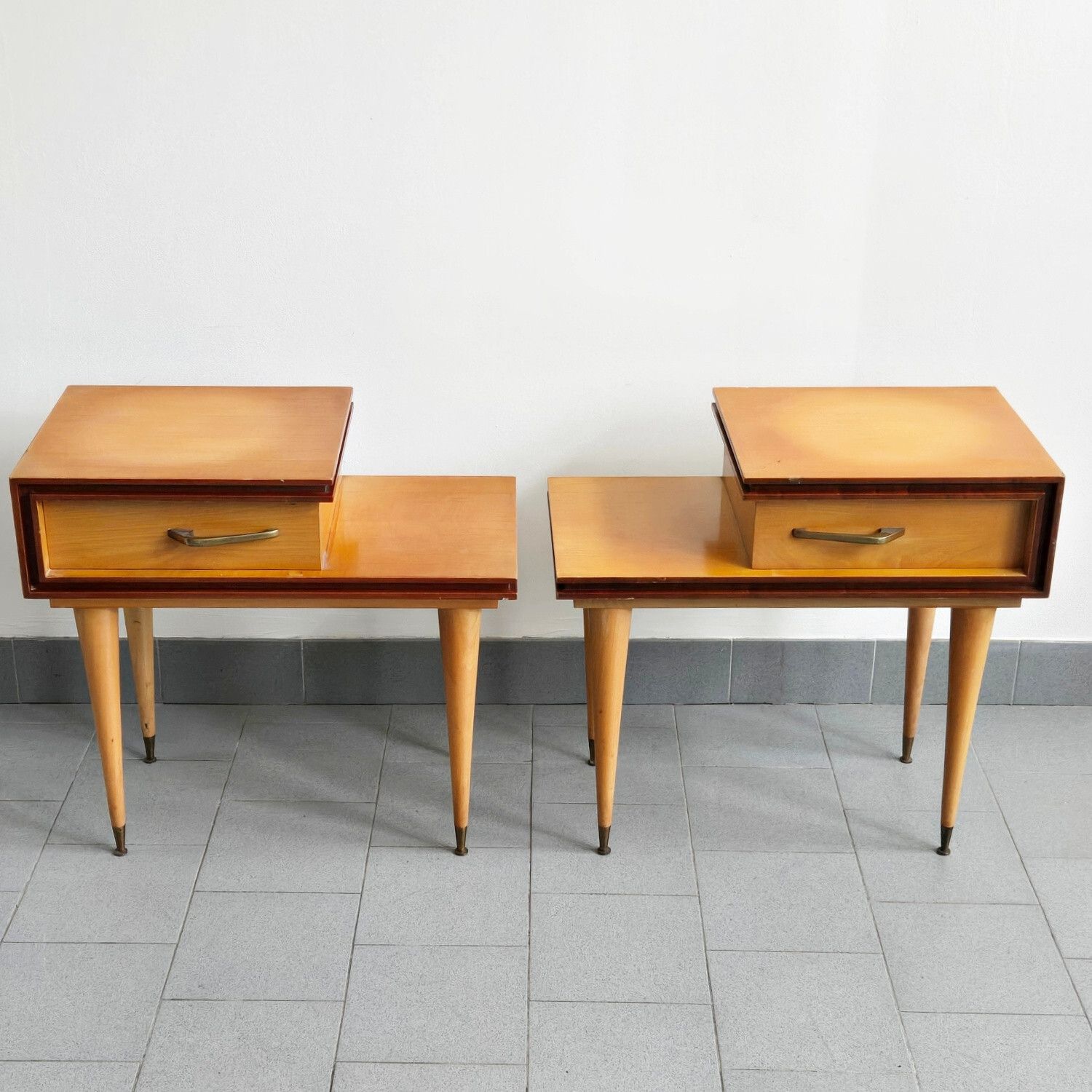 Pair Of Vintage 1960s Asymmetrical Bedside Tables And Heter Varnish & Brass 60s photo furniture