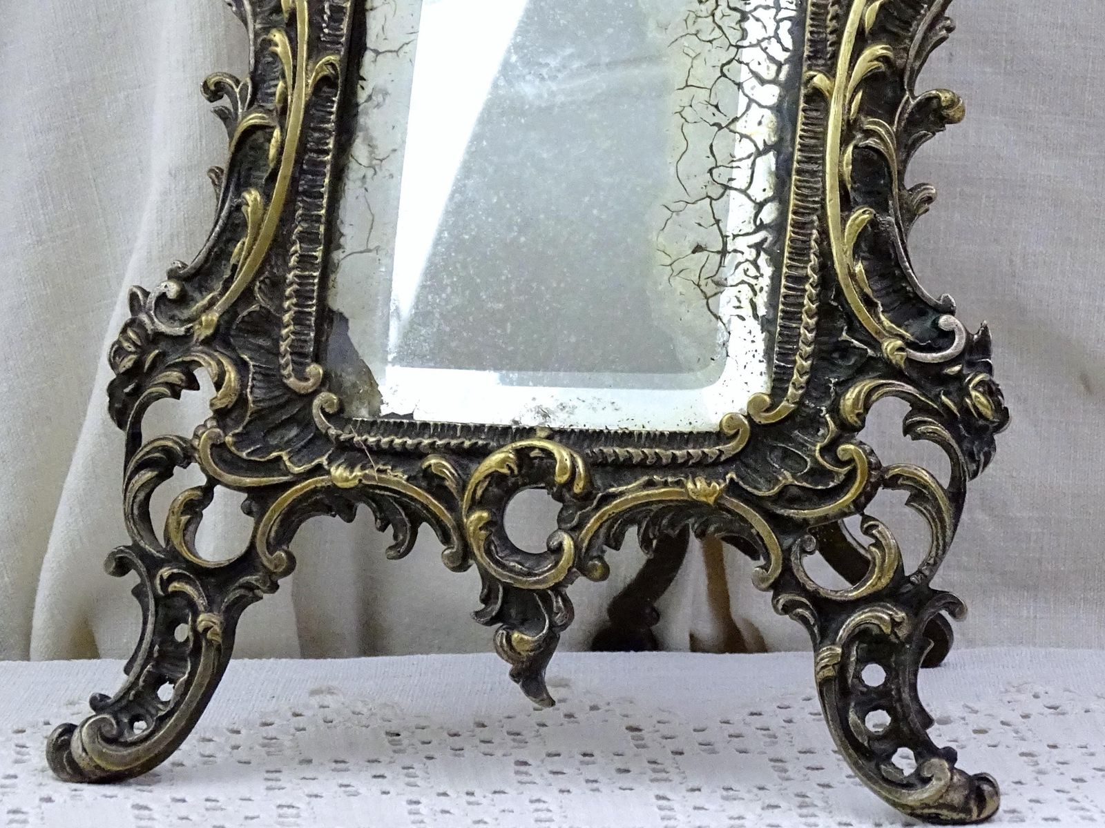 Antique French 18th Century Free Standing Worn Silver Plated Bronze Framed Distressed Mirror, Retro Rococo Ornate Framed Looking Glass photo 361.0
