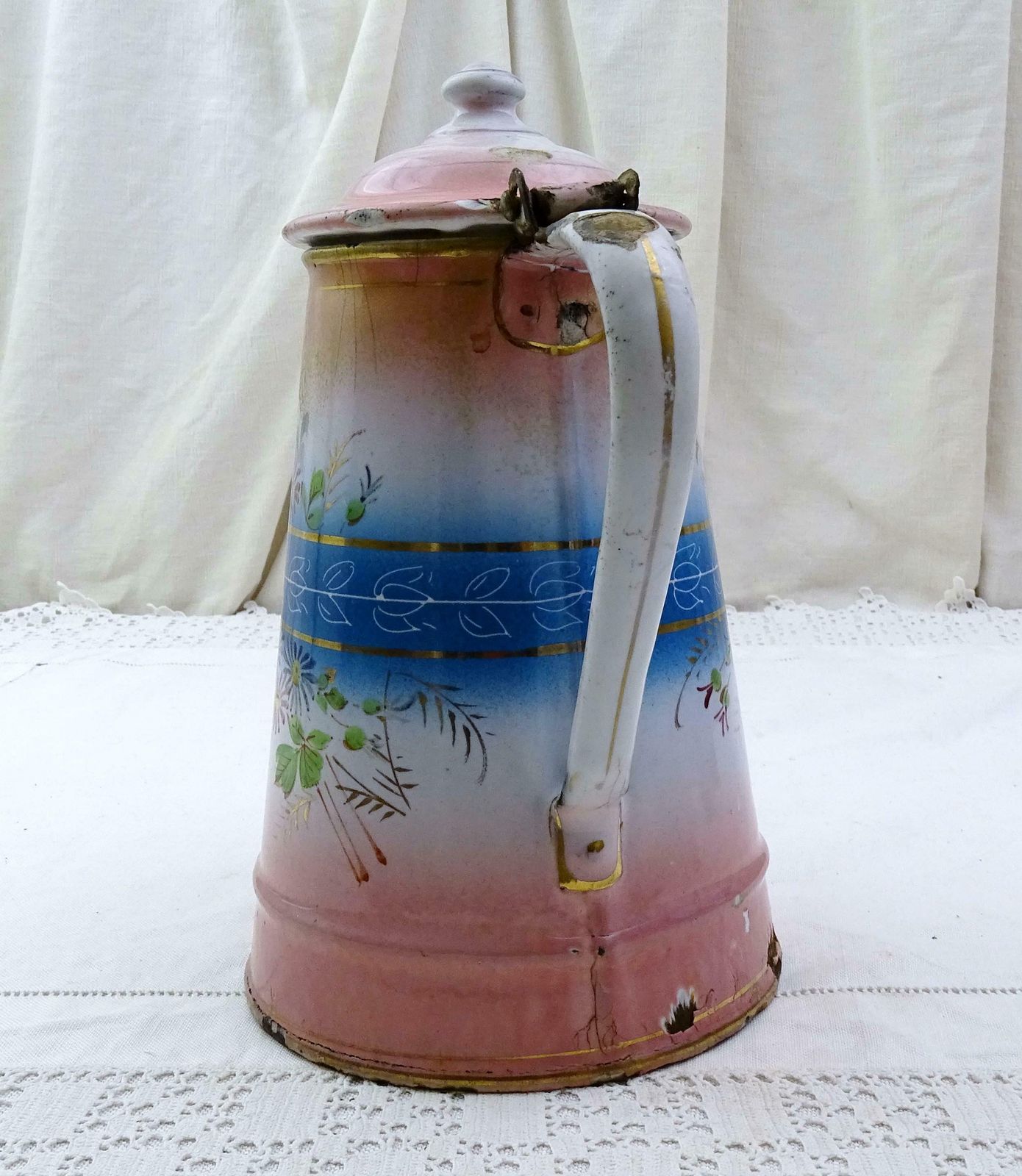 Antique French Porcelain Enamel Goose Neck Coffee Pot With Hand Painted Pattern Pink And Blue On White, Vintage Enamelware Cafetiere France photo 153.0