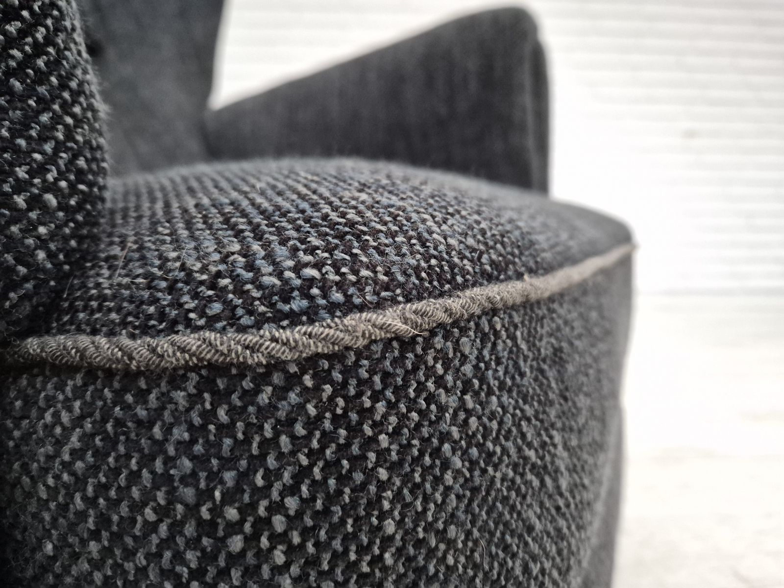 photo furniture 1960s, Danish Relax Armchair, Reupholstered, Gray Furniture Fabric.