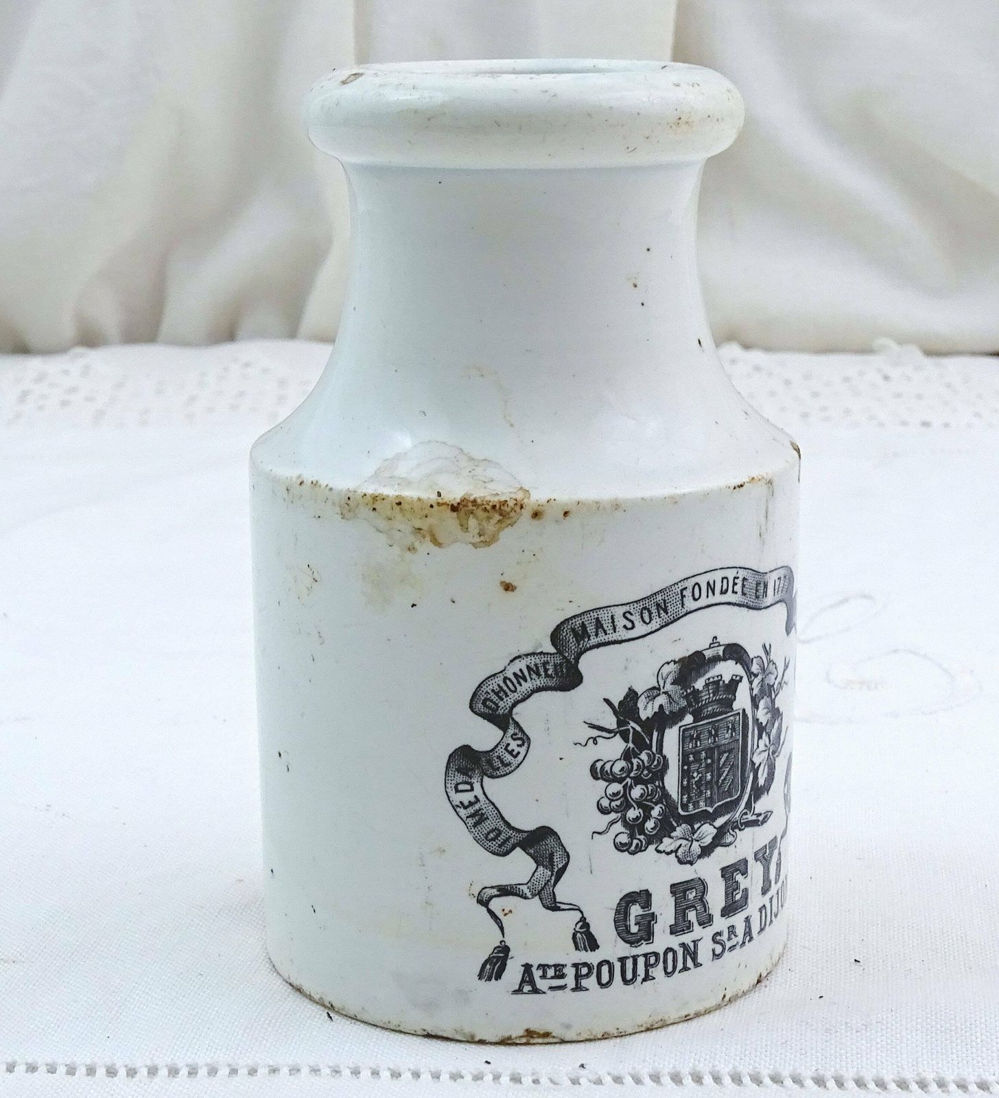 Antiek Frans Grijs Mosterdpotje Van Creil Et Montereau, Victoriaanse Keukendecoratie Uit Frankrijk, Verzamelbaar Aardewerk photo buy