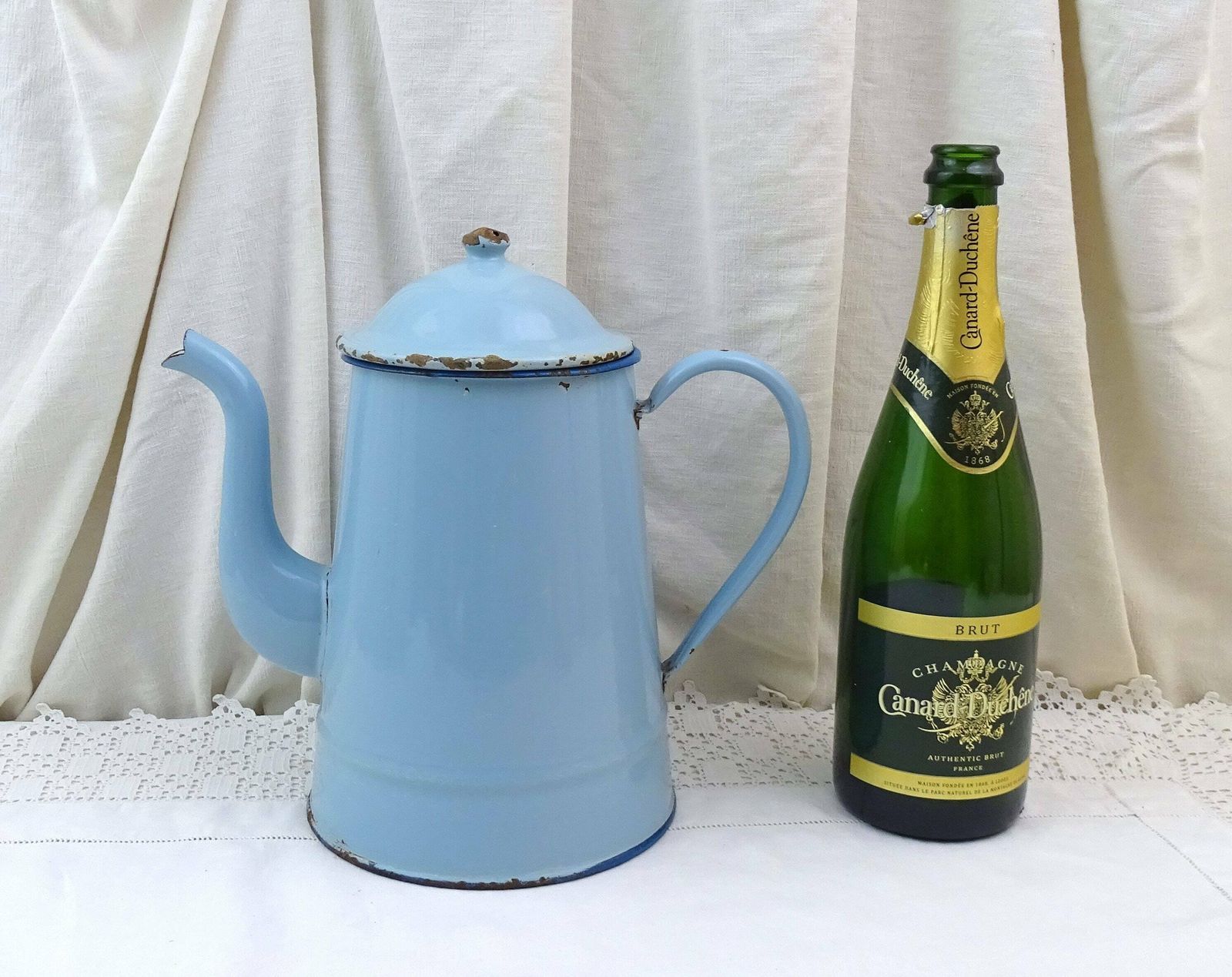 Large French Antique Blue Enamelware Swan Necked Traditional Coffee Pot, Vintage Country Farmhouse Style Enameled Metal Coffee Maker France photo furniture
