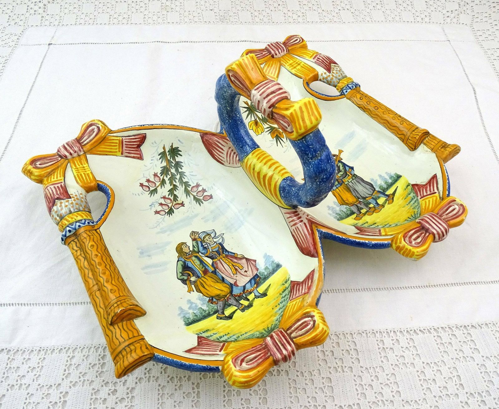 Large Antique French Breton Henriot Quimper Divided Serving Dish Handle In Traditional Celtic Design, Vintage Pottery From Brittany Bagpipes photo furniture