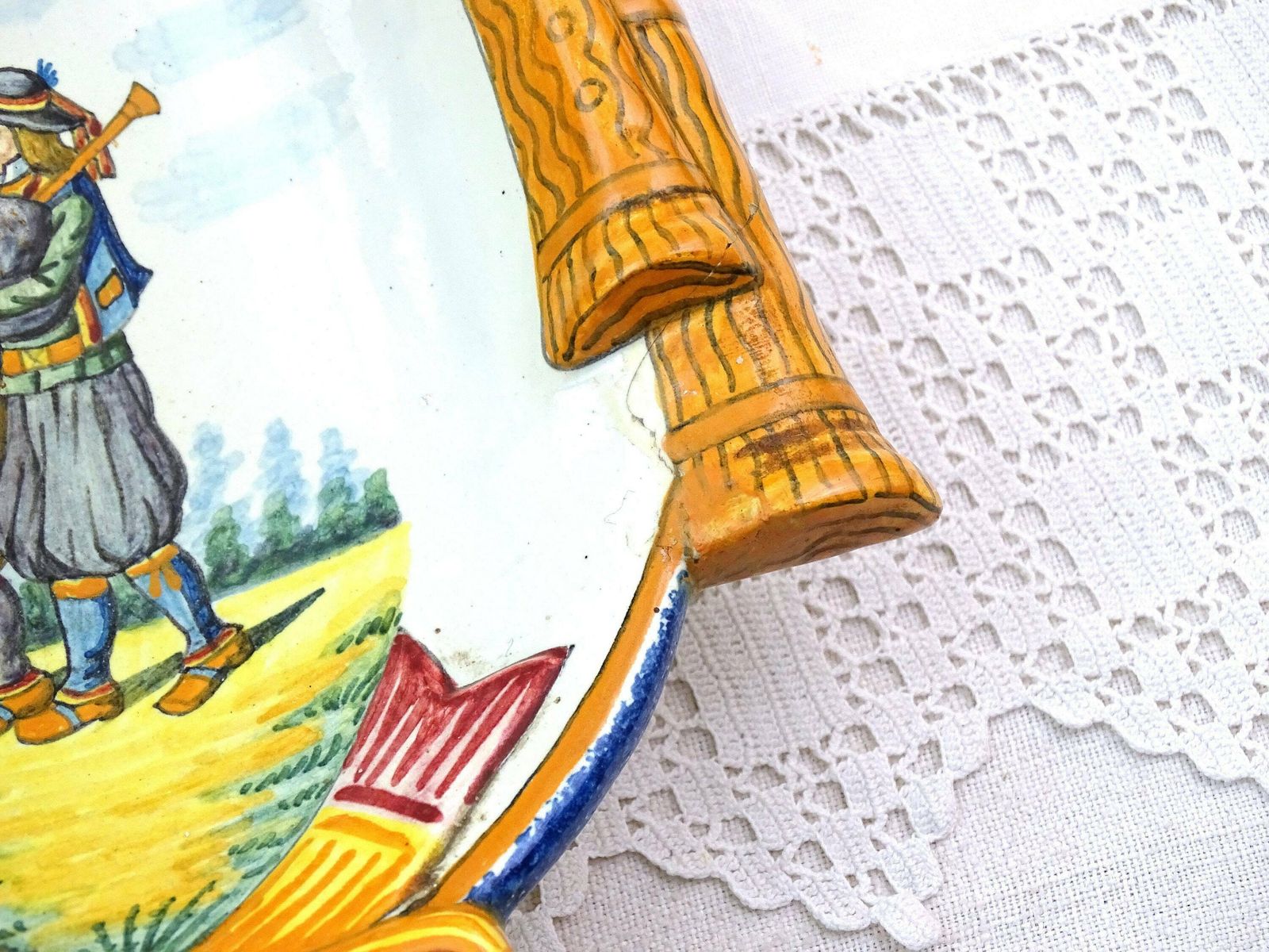 photo furniture Large Antique French Breton Henriot Quimper Divided Serving Dish Handle In Traditional Celtic Design, Vintage Pottery From Brittany Bagpipes
