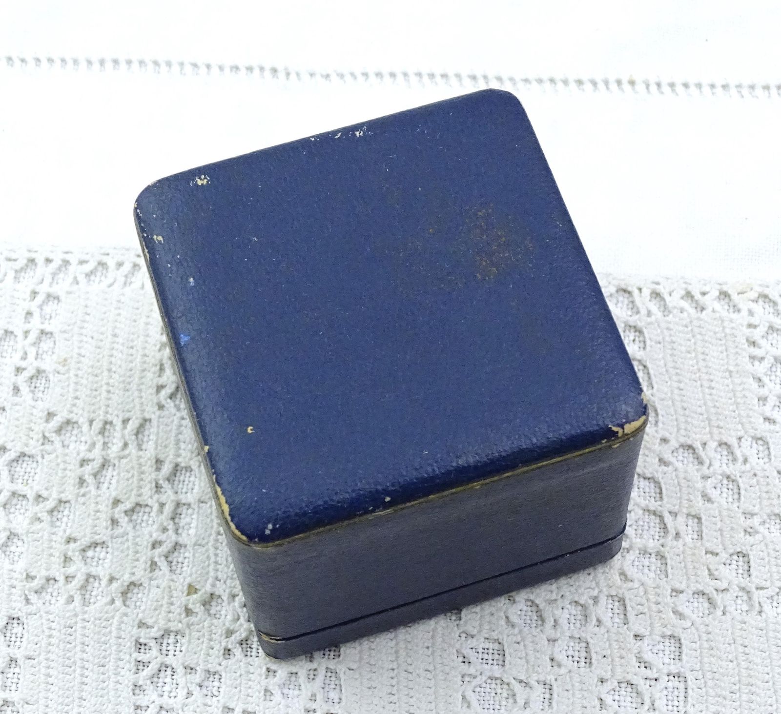 Vintage French Blue Square Leather Covered Ring Box White Velvet Satin Lining, Retro Jewelry Presentation Case, Engagement Wedding Proposal photo for sale